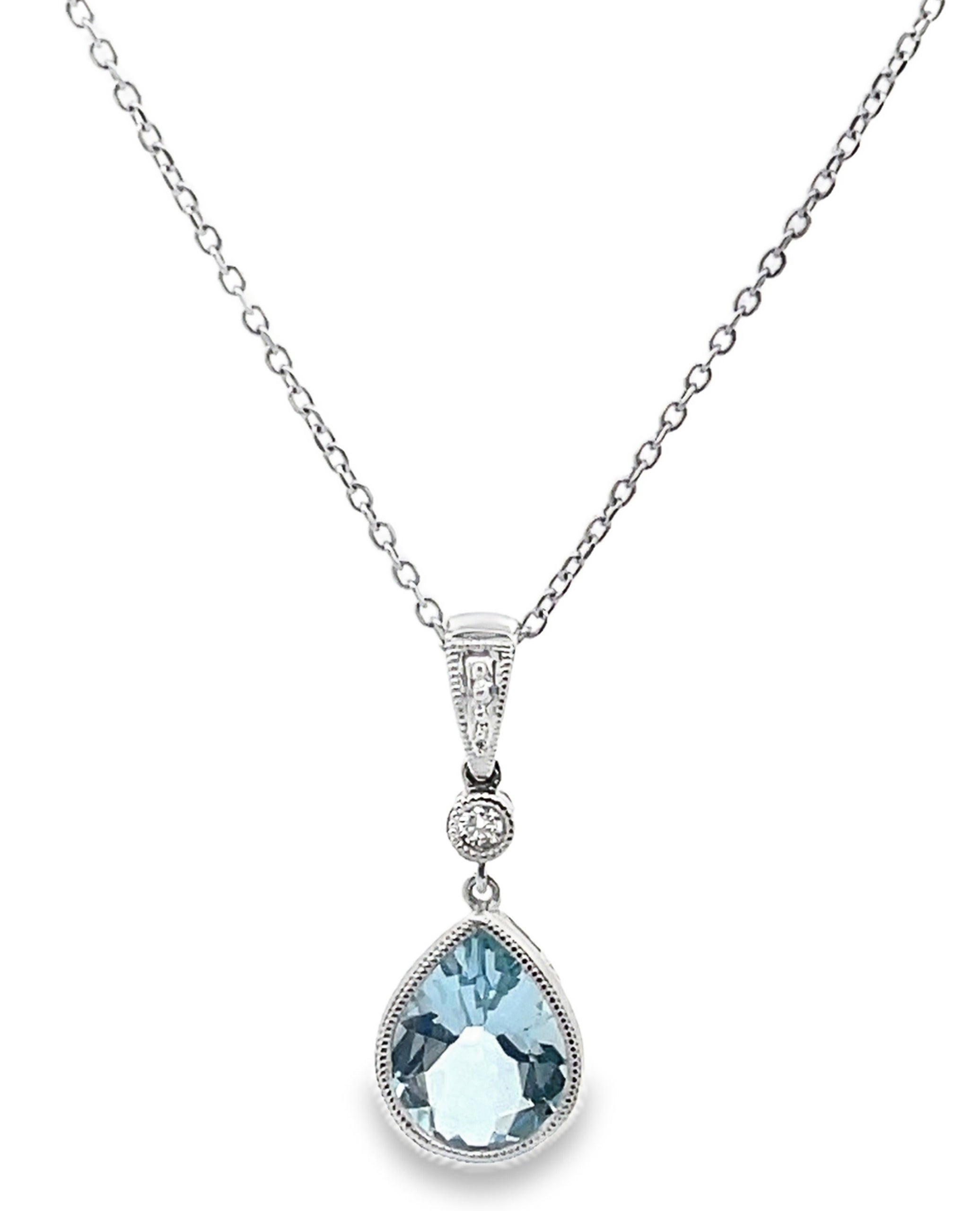 14K White Gold Pear Shaped Aquamarine & Diamond Pendant