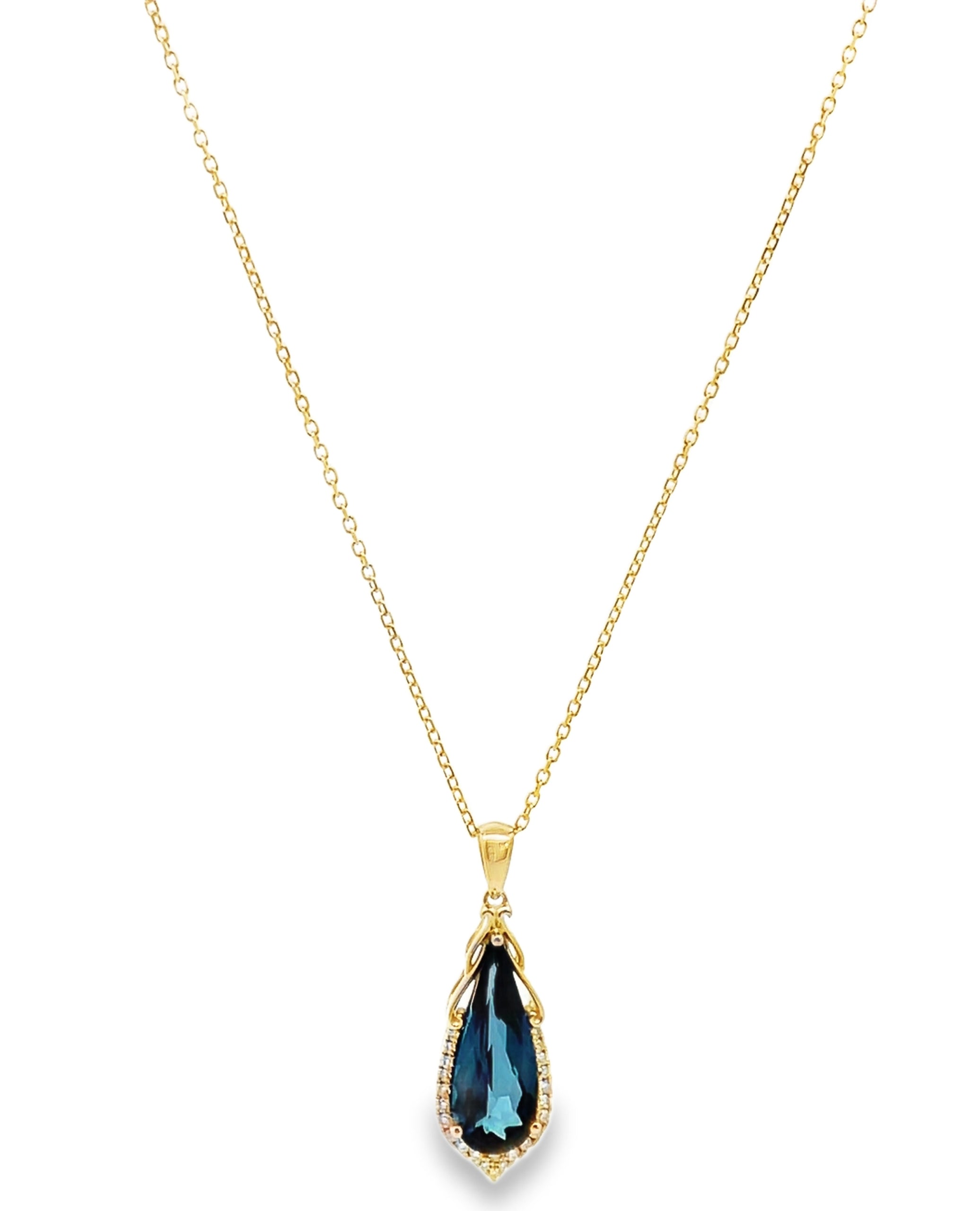 14K Yellow Gold Blue Topaz & Diamond Pendant Necklace