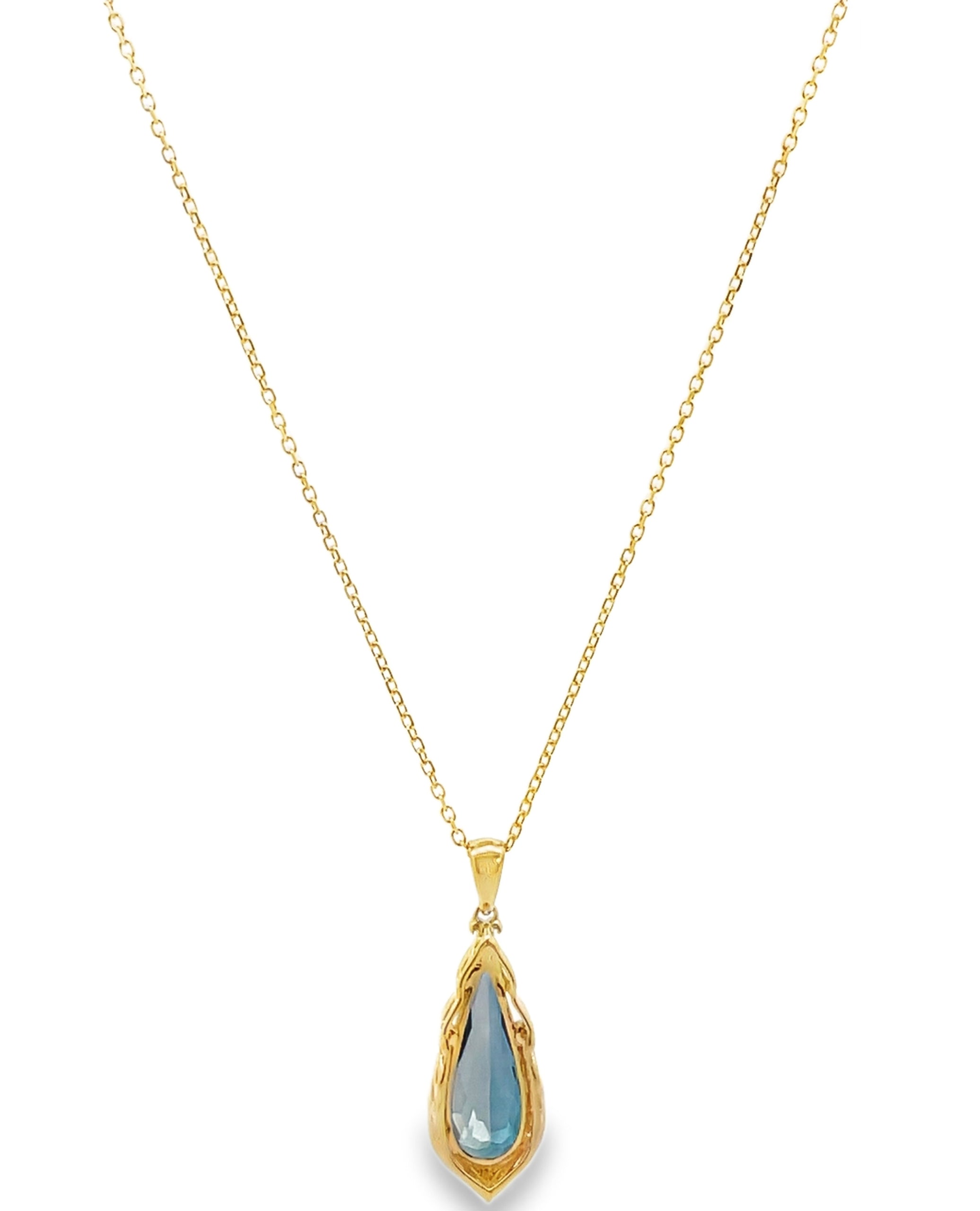 14K Yellow Gold Blue Topaz & Diamond Pendant Necklace