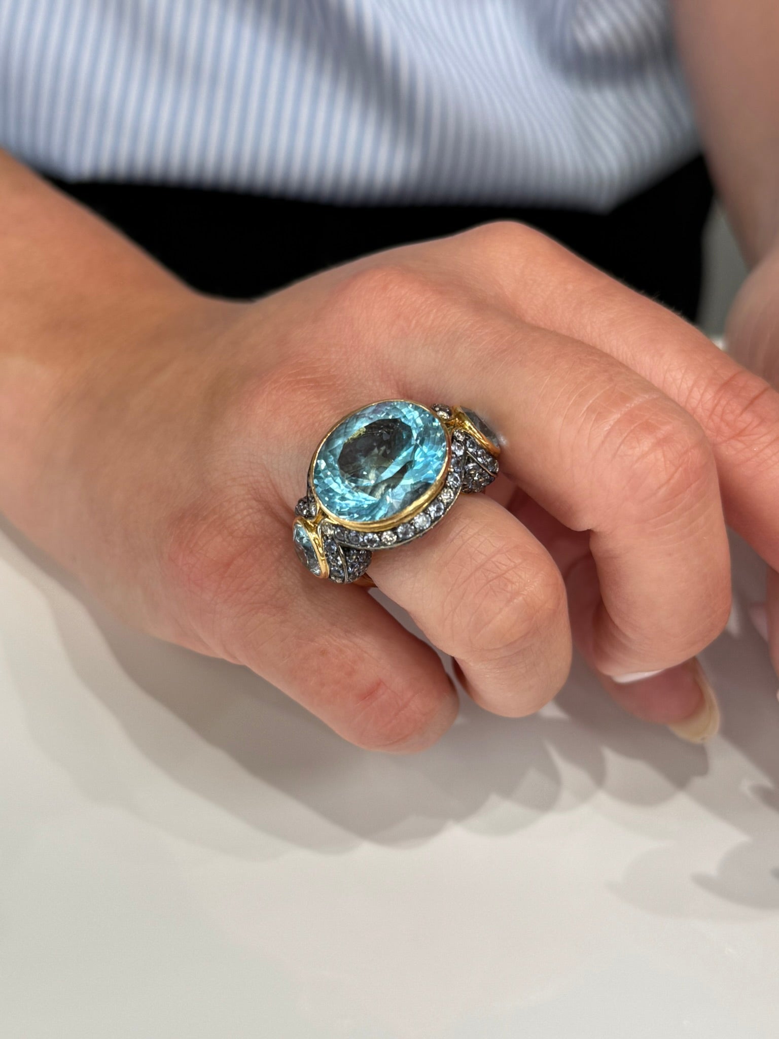 Large 18k Rose Gold Oval Blue Topaz Three Stone Ring with Sapphires & Diamonds