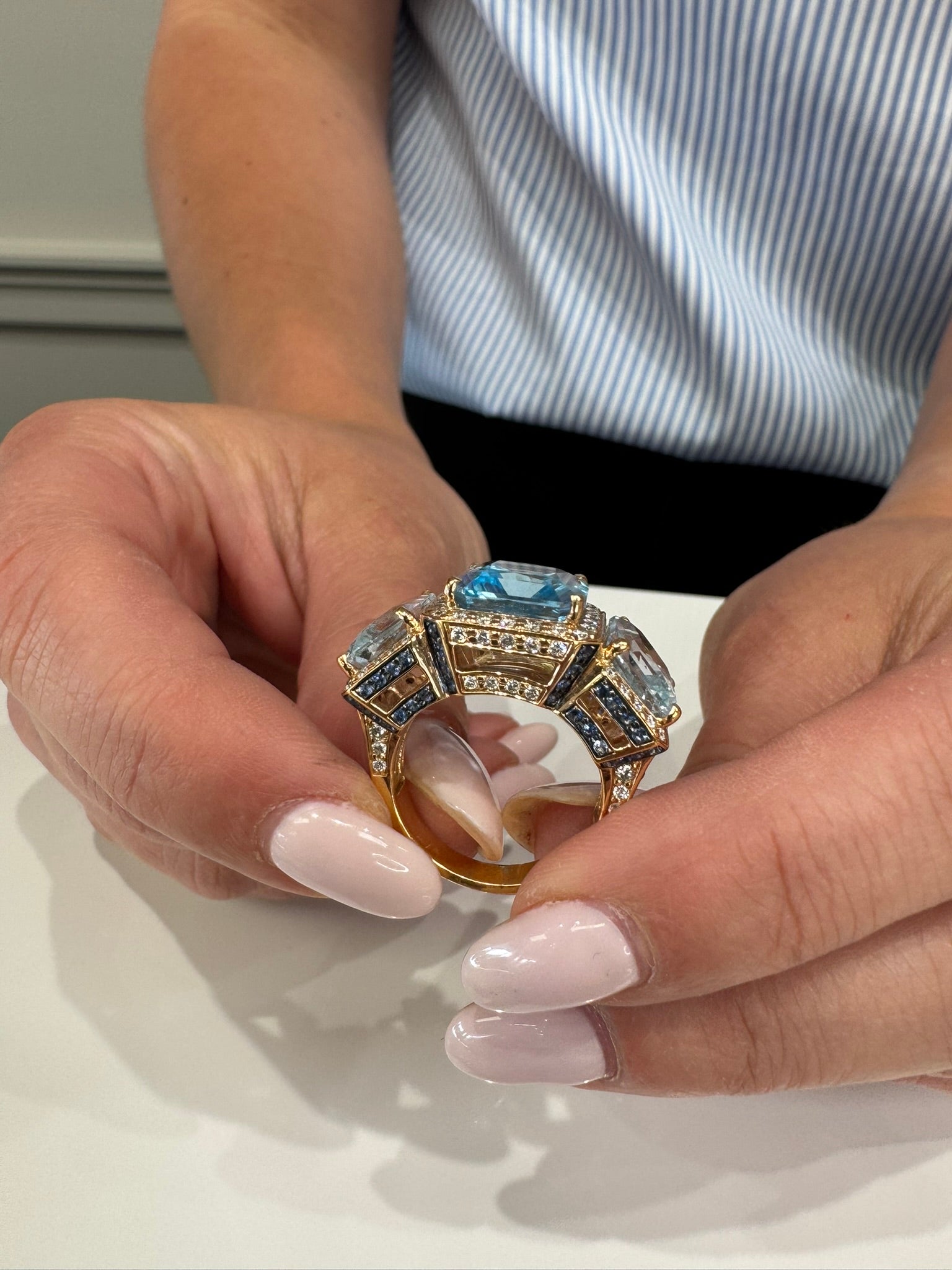 Three Stone Cocktail Ring 18k Rose Gold 16.78 Carats Blue Topaz, Zorab Creation