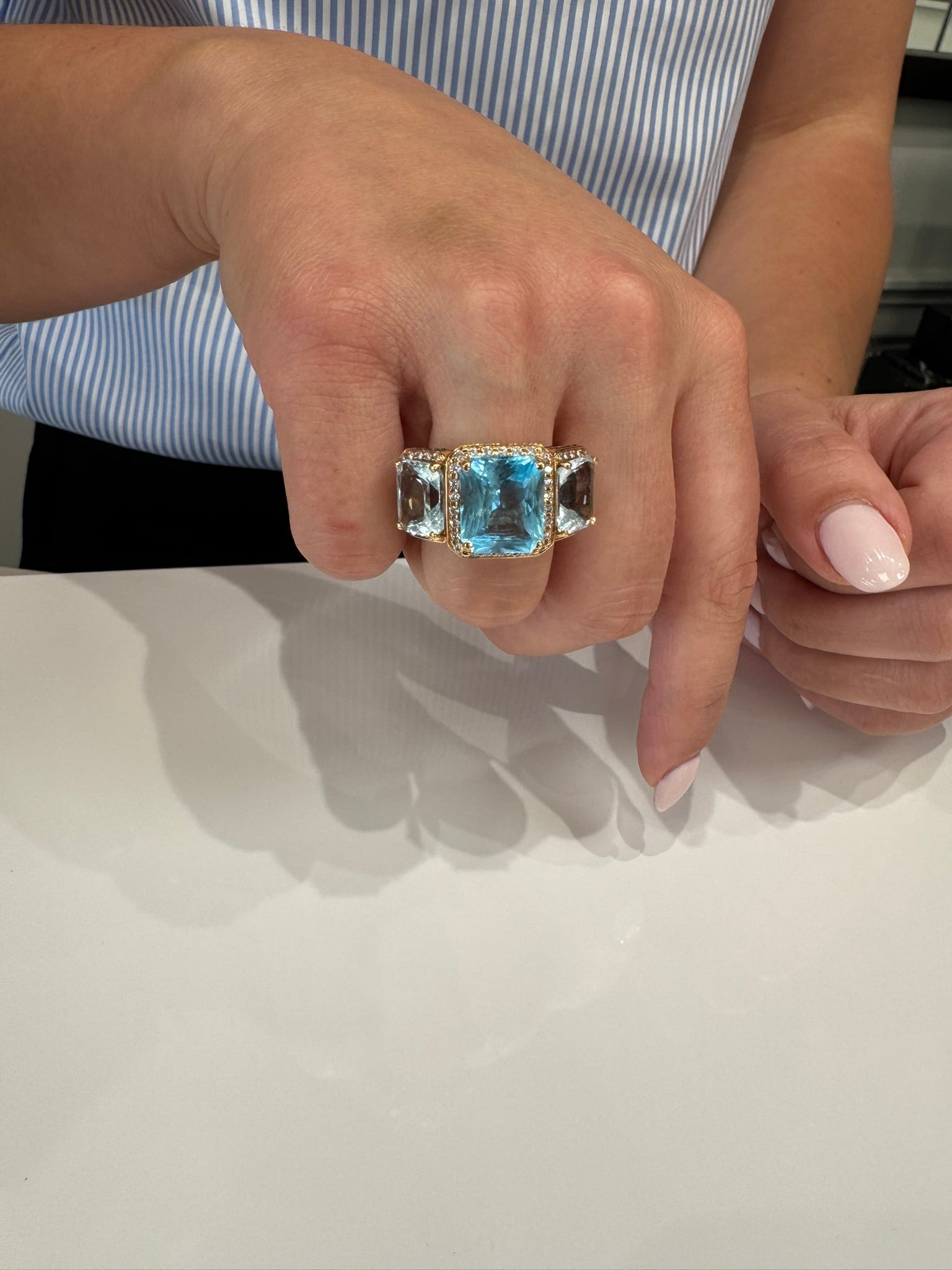 16.78 Carat Radiant Cut Blue Topaz Ring with Sapphires Diamonds in 18K Rose Gold