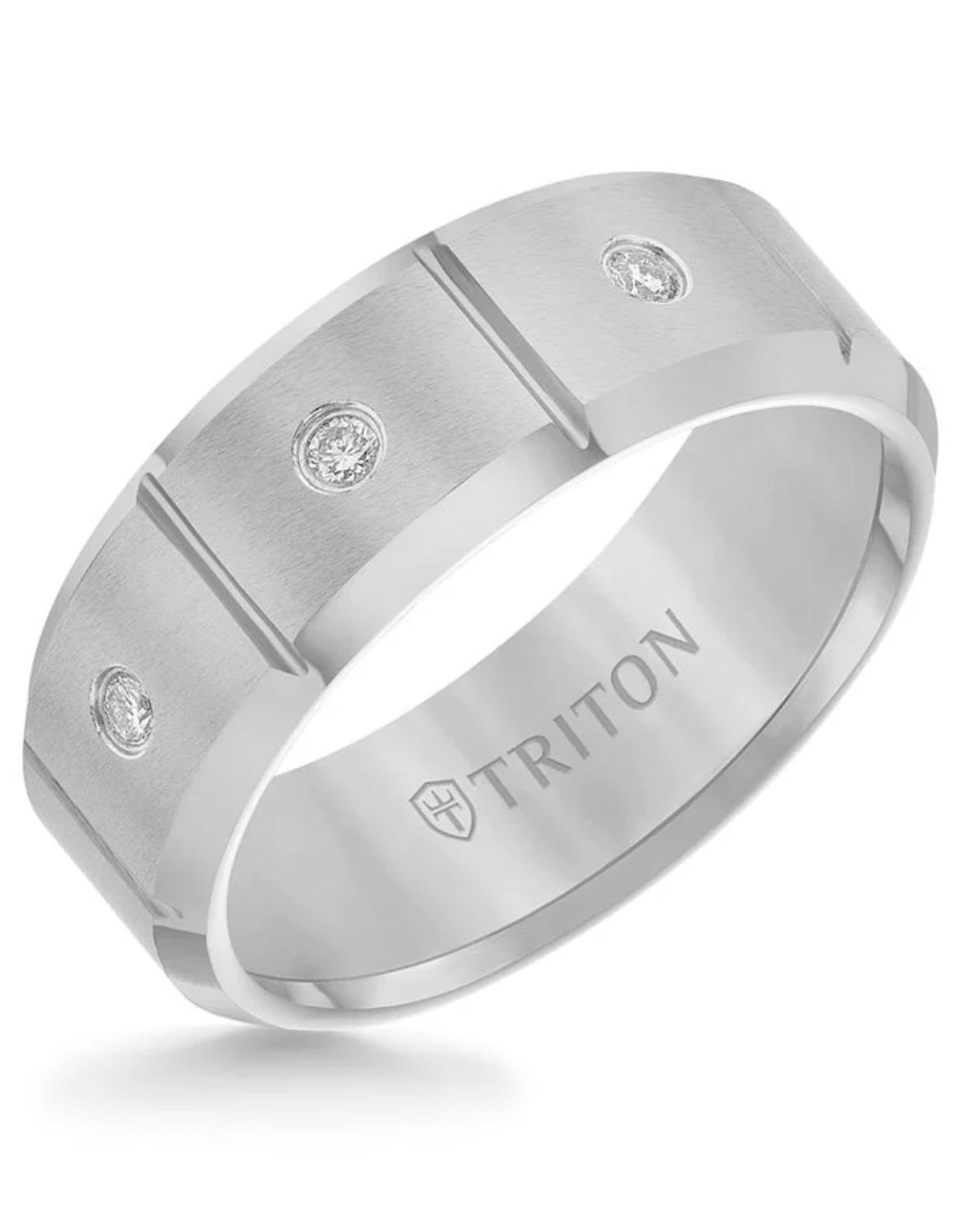 8mm Tungsten Diamond Ring- 3 Stone Vertical Cut Center and Bevel Edge