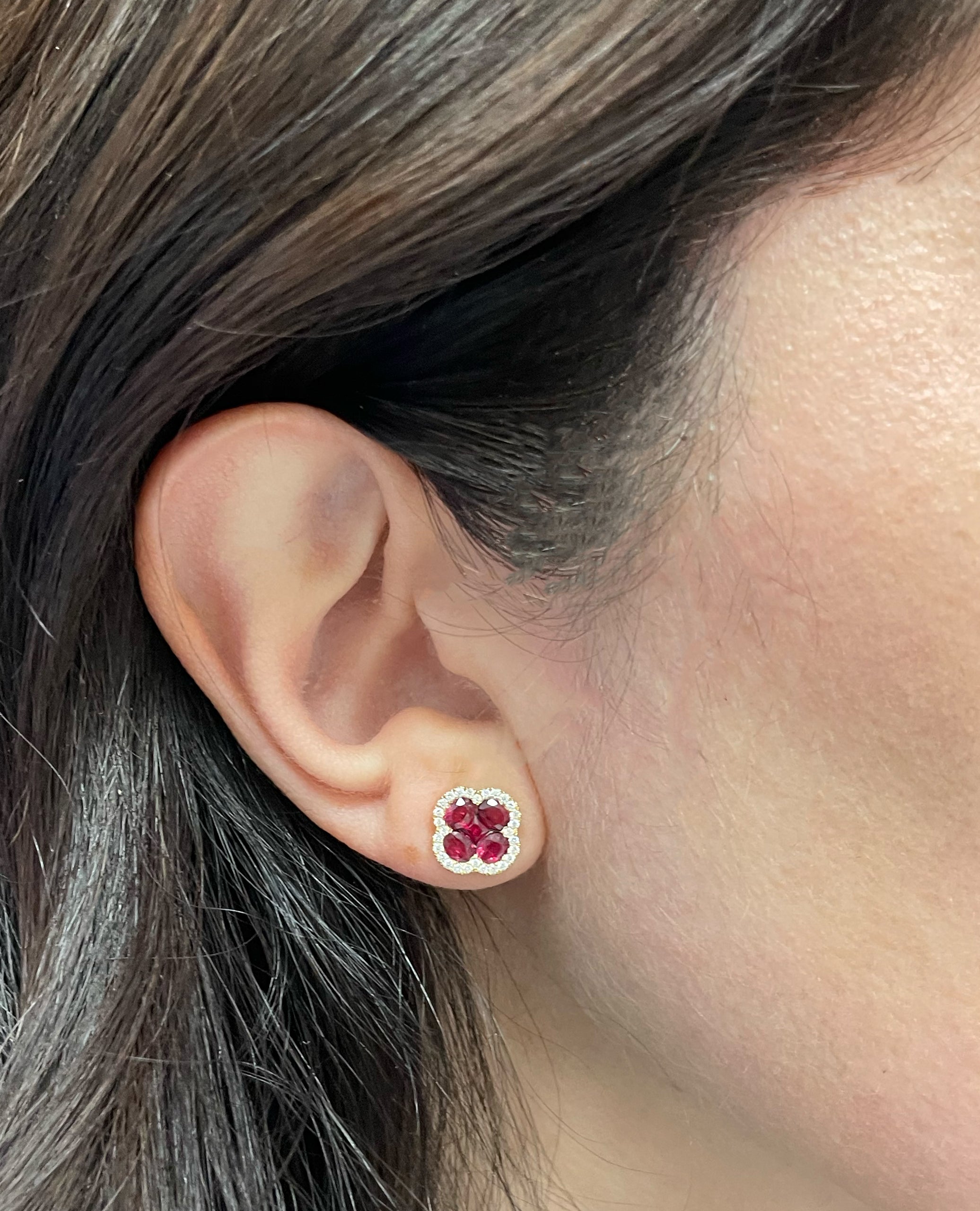 18K Yellow Gold Ruby and Diamond Quatrefoil Earrings with Pushbacks
