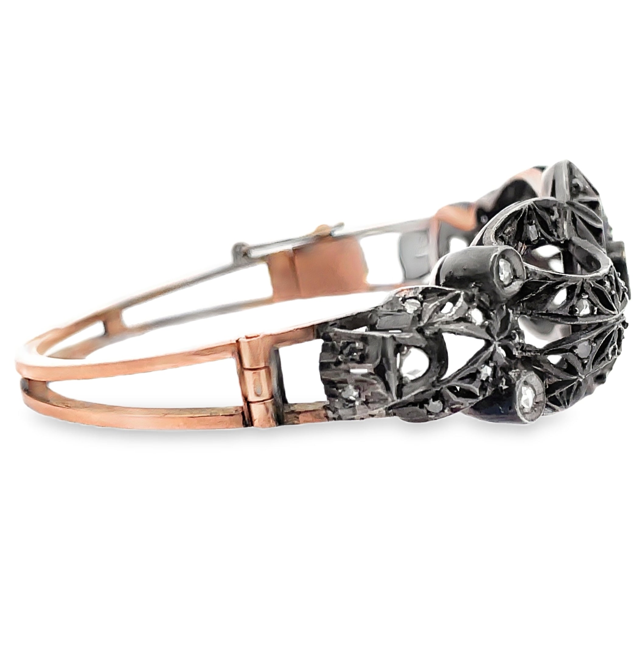 Vintage Hinged Bangle Bracelets, Rose Gold and Silver, Rough Diamonds, Compass Design