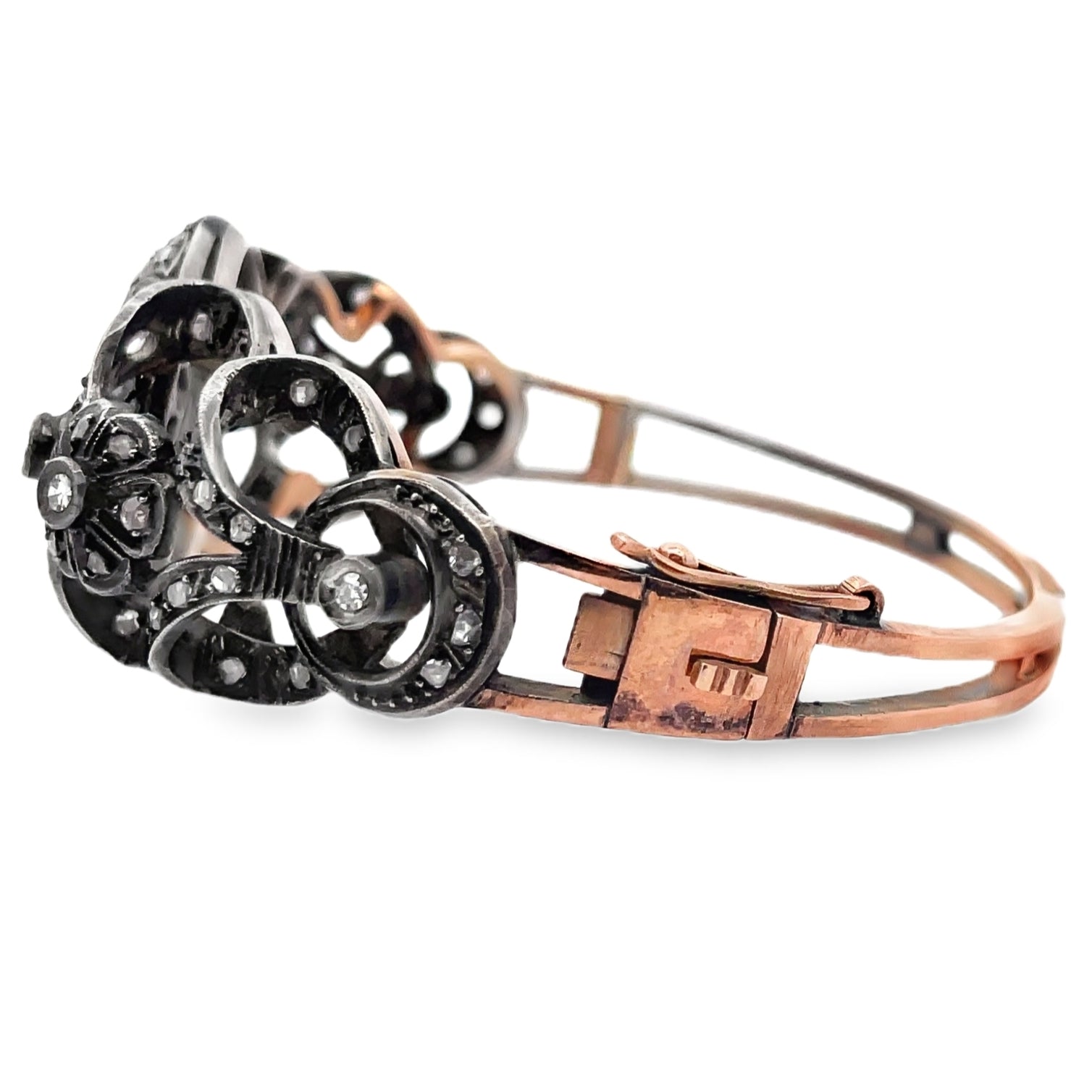 Vintage Hinged Bangle Bracelets, Rose Gold and Silver, Rough Diamonds, Scalloped Petals