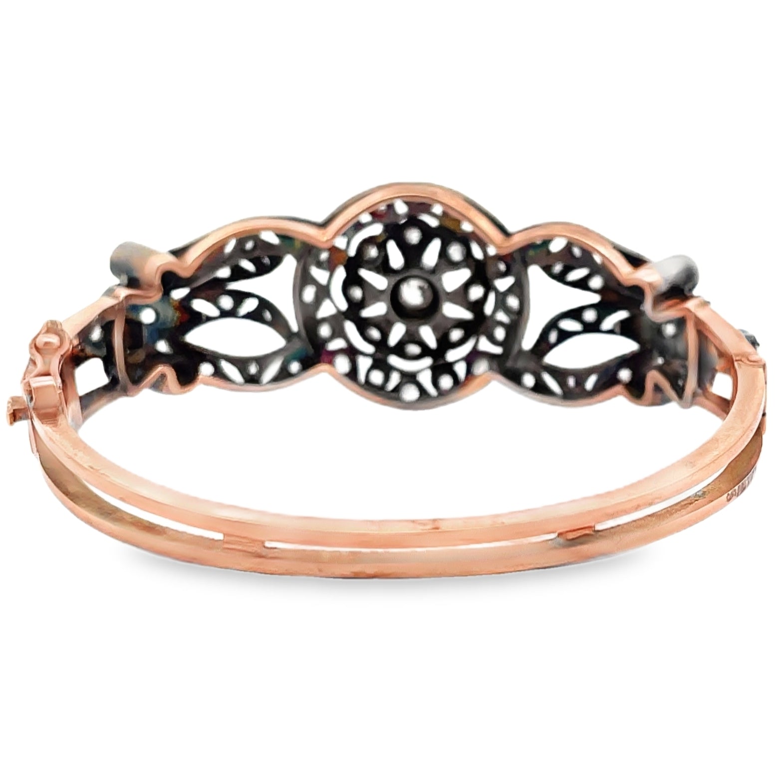 Vintage Hinged Bangle Bracelets, Rose Gold and Silver, Rough Diamonds, Floral Symmetry