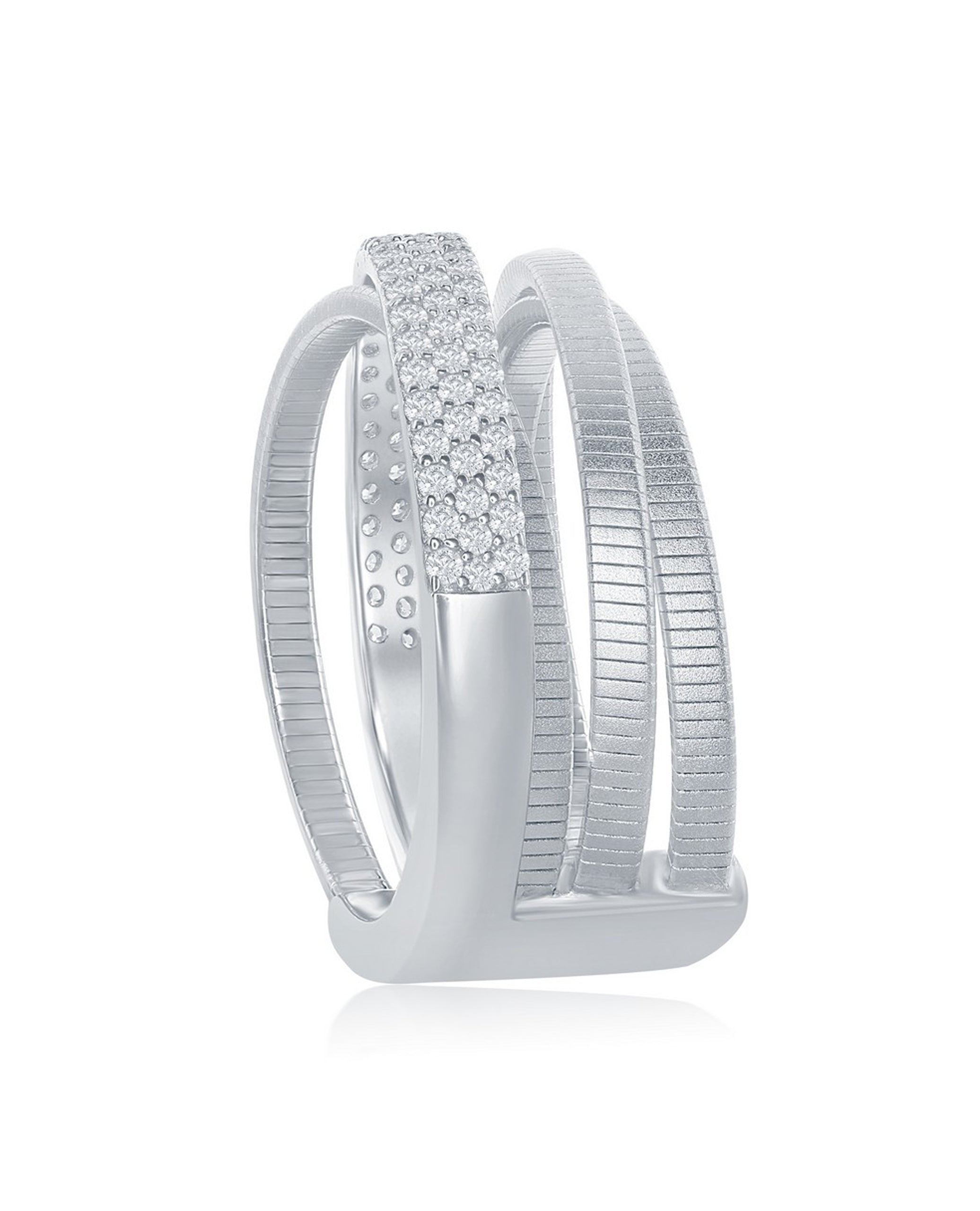Sterling Silver Multi Row Interwoven Ring with CZ, Bonded with Platinum. Made in Italy.