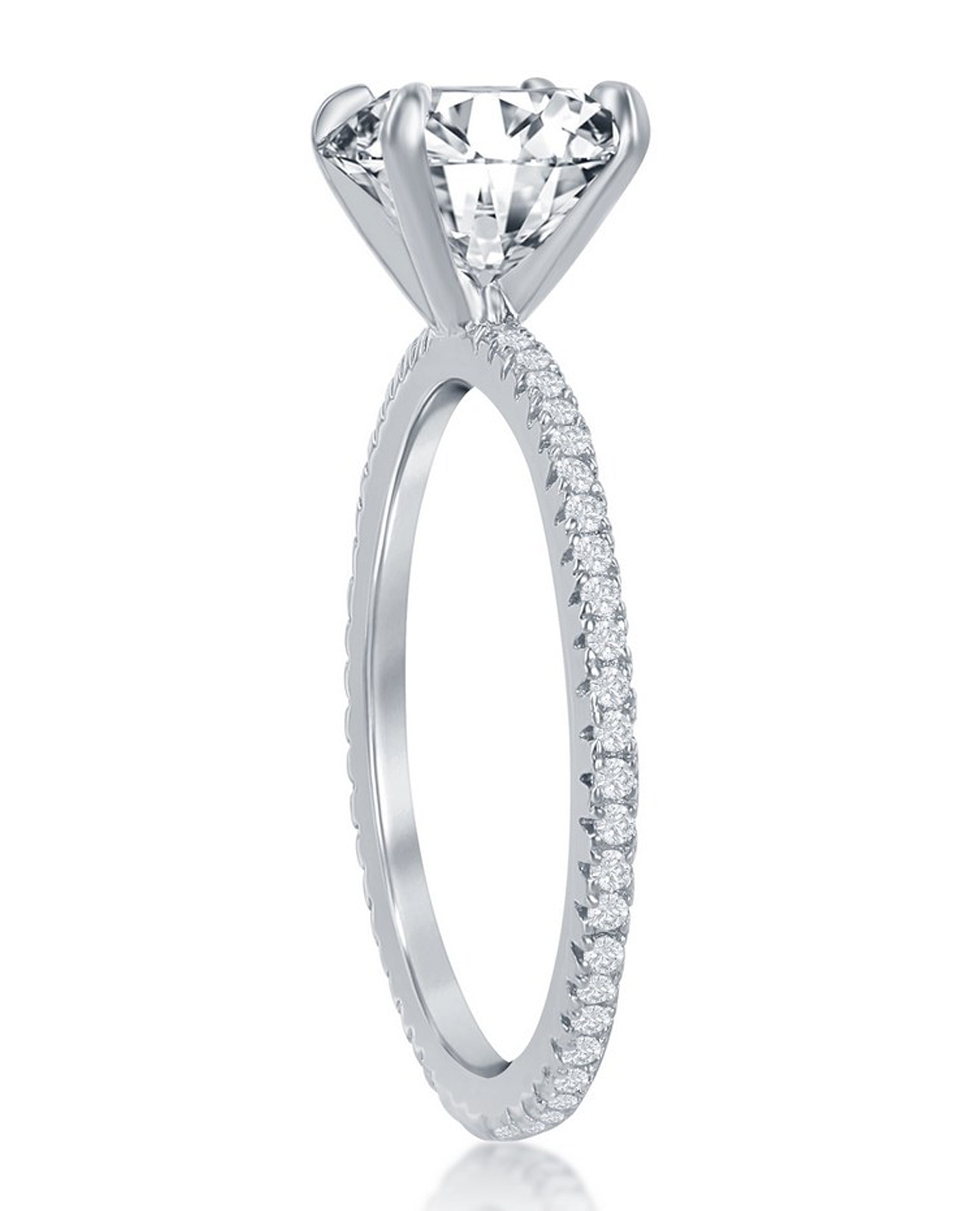 Sterling Silver Round Solitaire CZ with Micro Pave Band Engagement Ring