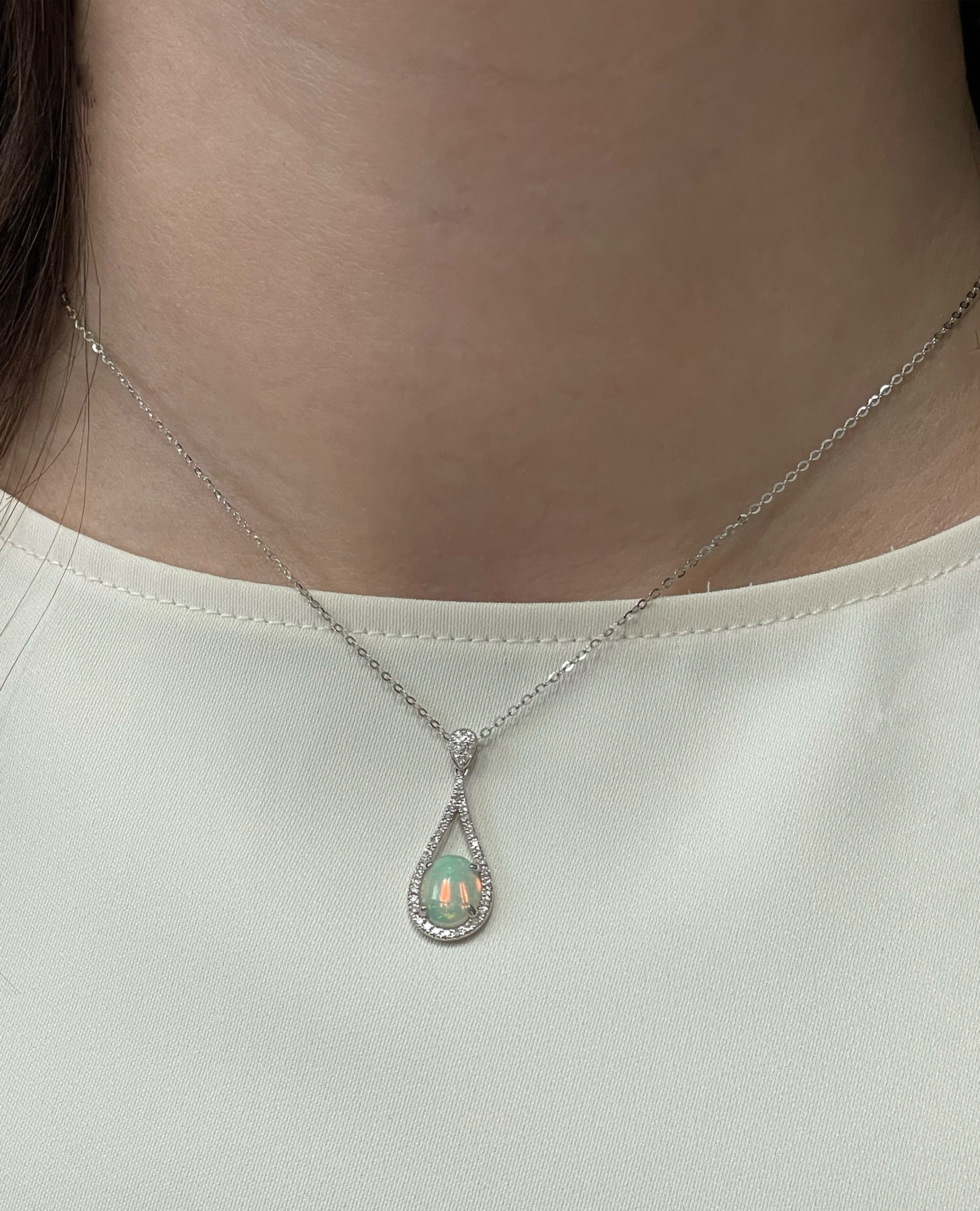 14K White Gold Opal Pendant Necklace - Adjustable