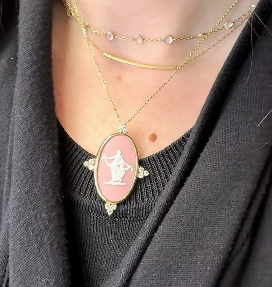 Dancing Hours Vintage Wedgwood Necklace in New 14K Yellow Gold Custom Bezel Setting with Diamonds, Rosé Pink