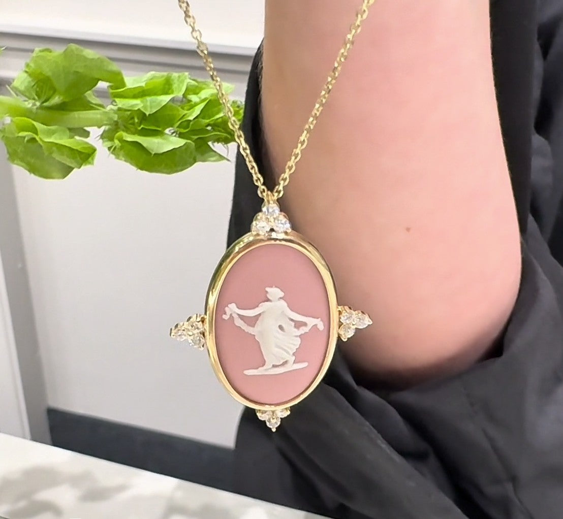 Dancing Hours Vintage Wedgwood Necklace in New 14K Yellow Gold Custom Bezel Setting with Diamonds, Rosé Pink