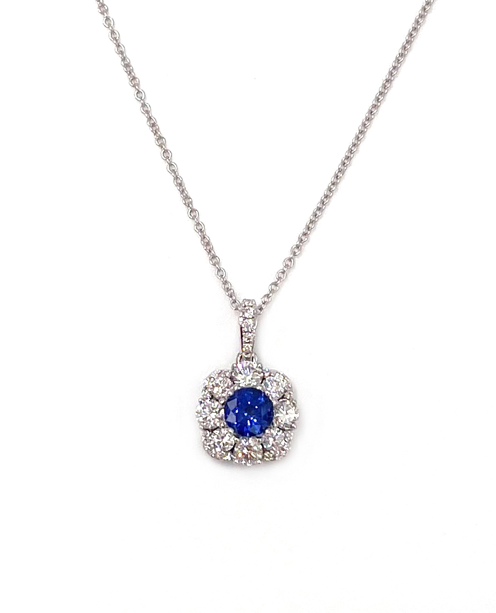 Zeghani ZP901 Round Blue Sapphire 14k White Gold Necklace with Diamonds