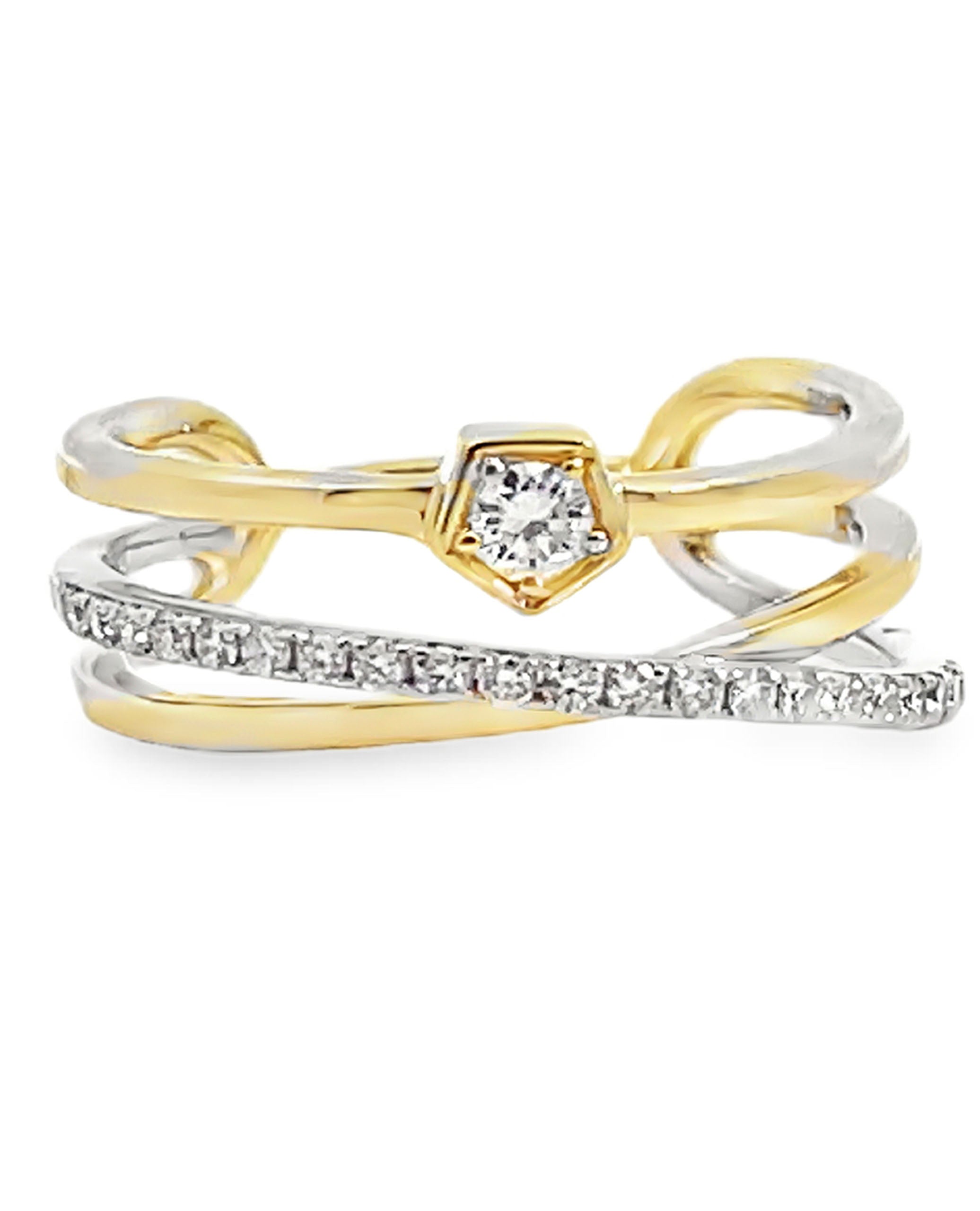 Zeghani ZR1702 Two Tone 14K Yellow & White Gold Three Row Woven Diamond Ring 0.24 Carats