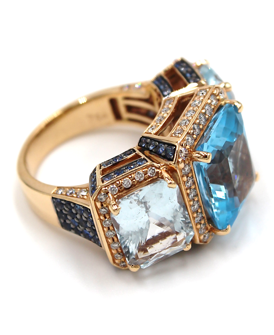 16.78 Carat Radiant Cut Blue Topaz Ring with Sapphires Diamonds in 18K Rose Gold
