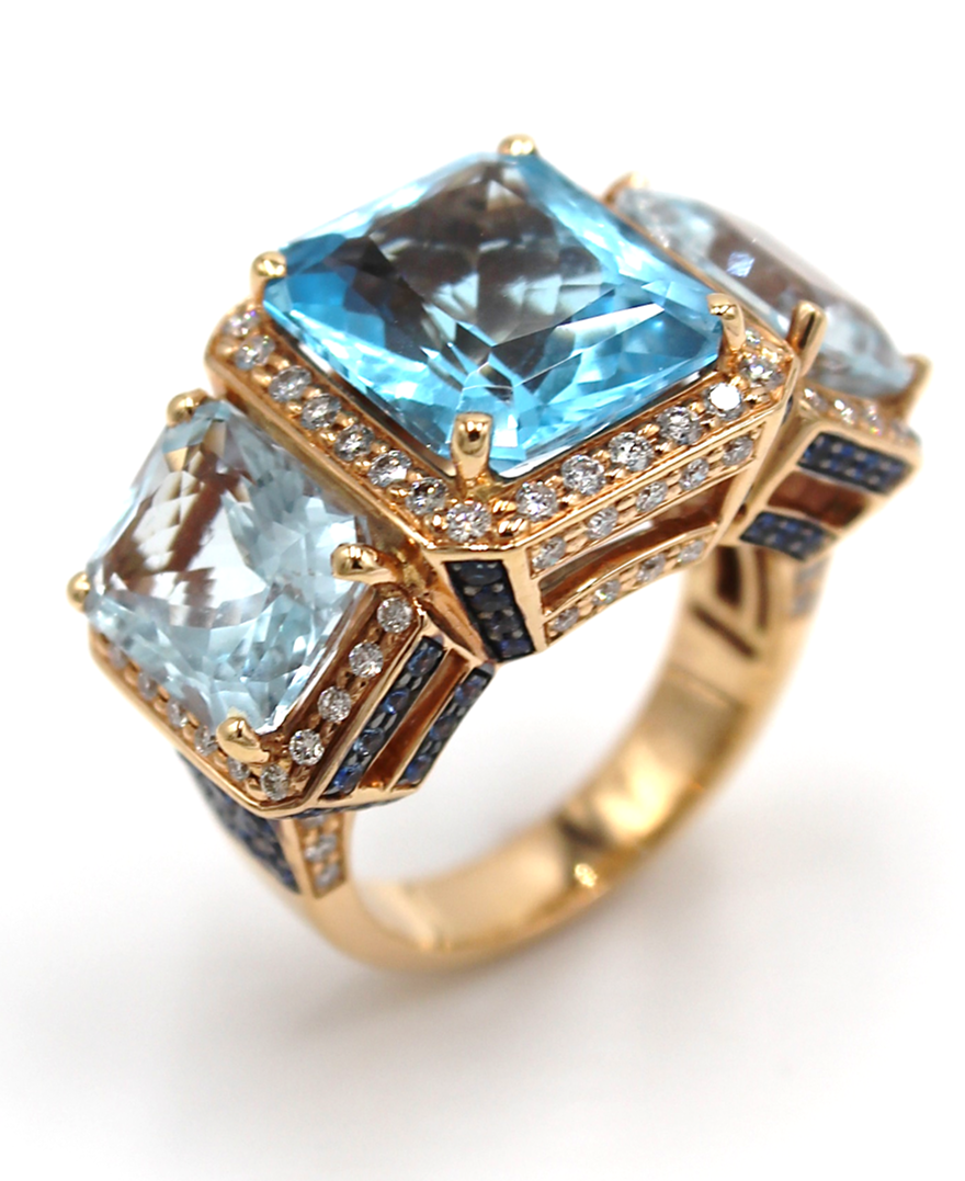 Three Stone Cocktail Ring 18k Rose Gold 16.78 Carats Blue Topaz, Zorab Creation