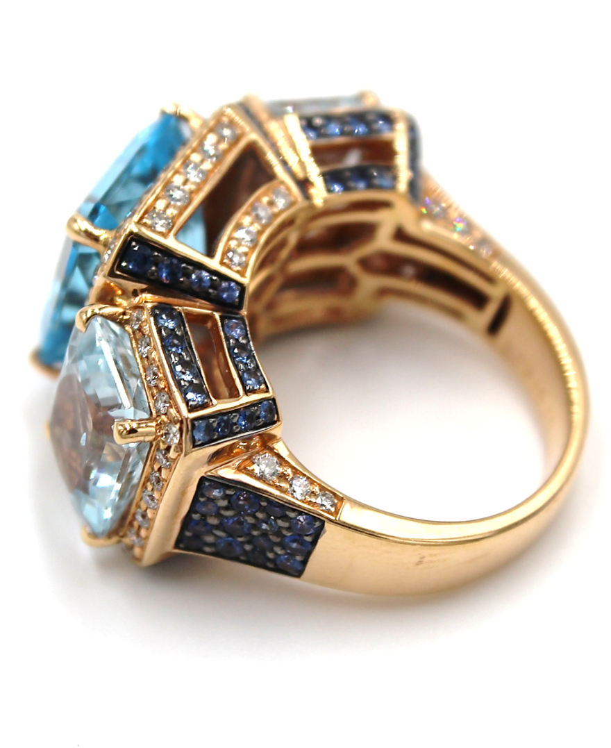 16.78 Carat Radiant Cut Blue Topaz Ring with Sapphires Diamonds in 18K Rose Gold