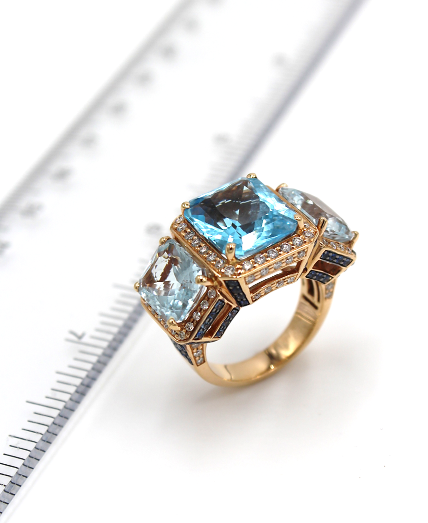 Three Stone Cocktail Ring 18k Rose Gold 16.78 Carats Blue Topaz, Zorab Creation
