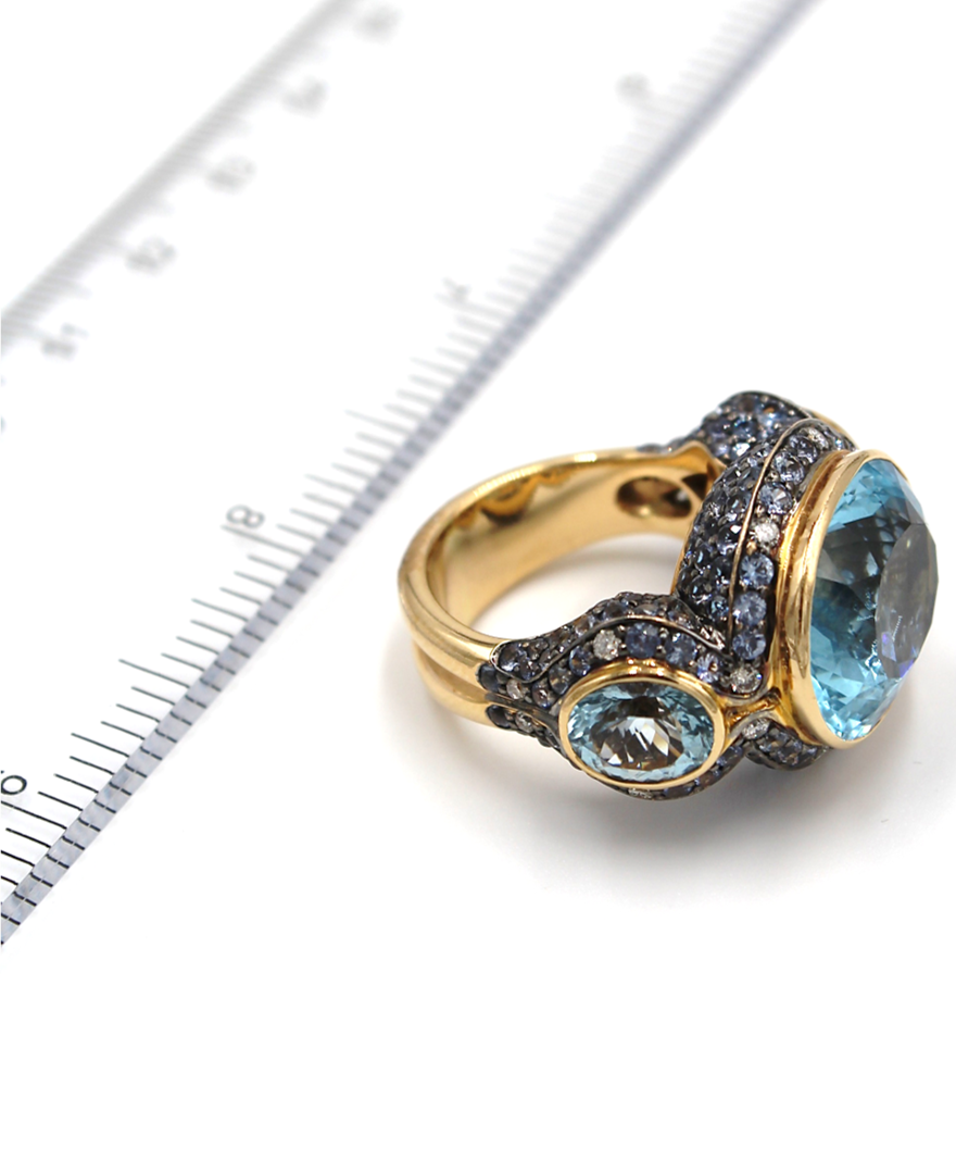 Large 18k Rose Gold Oval Blue Topaz Three Stone Ring with Sapphires & Diamonds