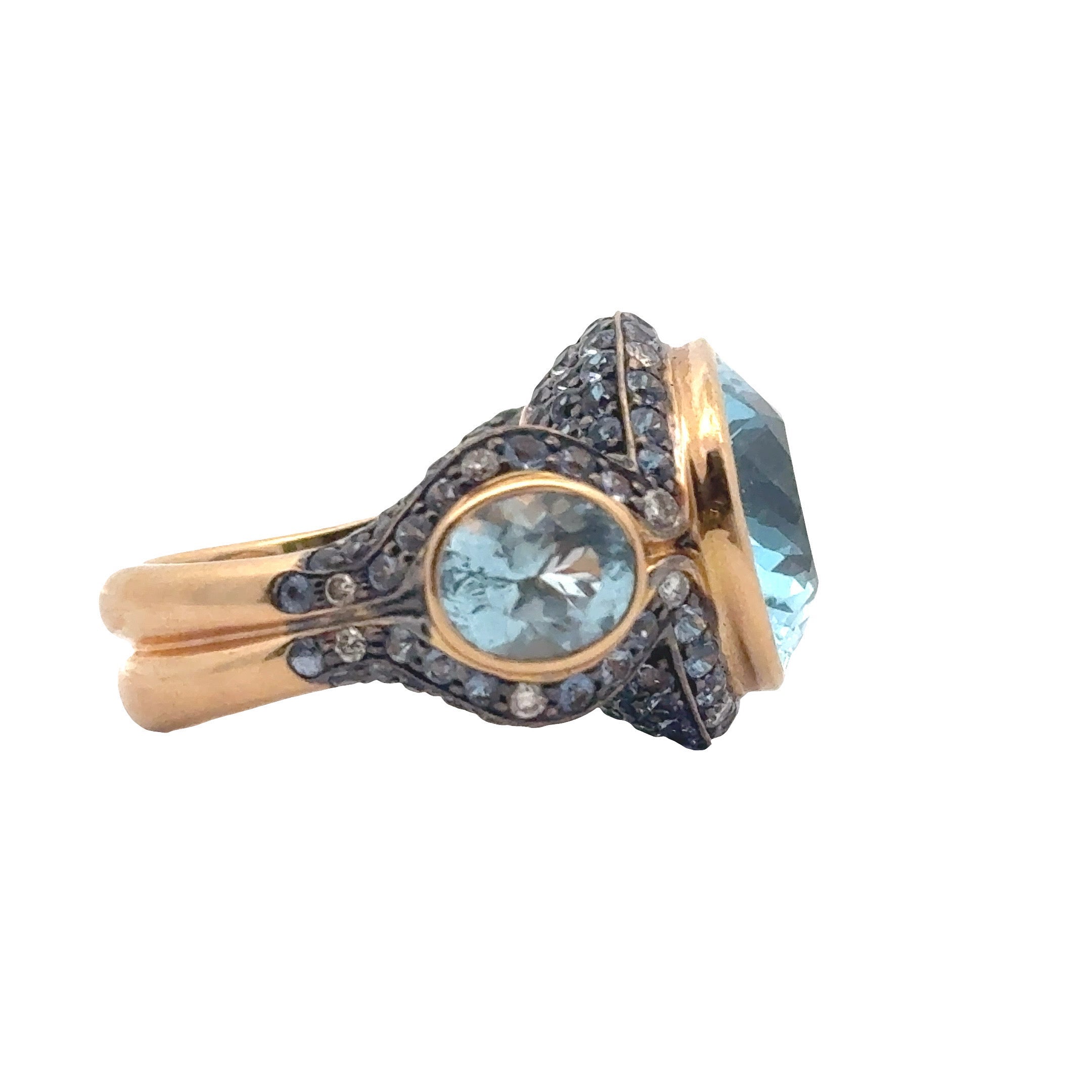 Large 18k Rose Gold Oval Blue Topaz Three Stone Ring with Sapphires & Diamonds