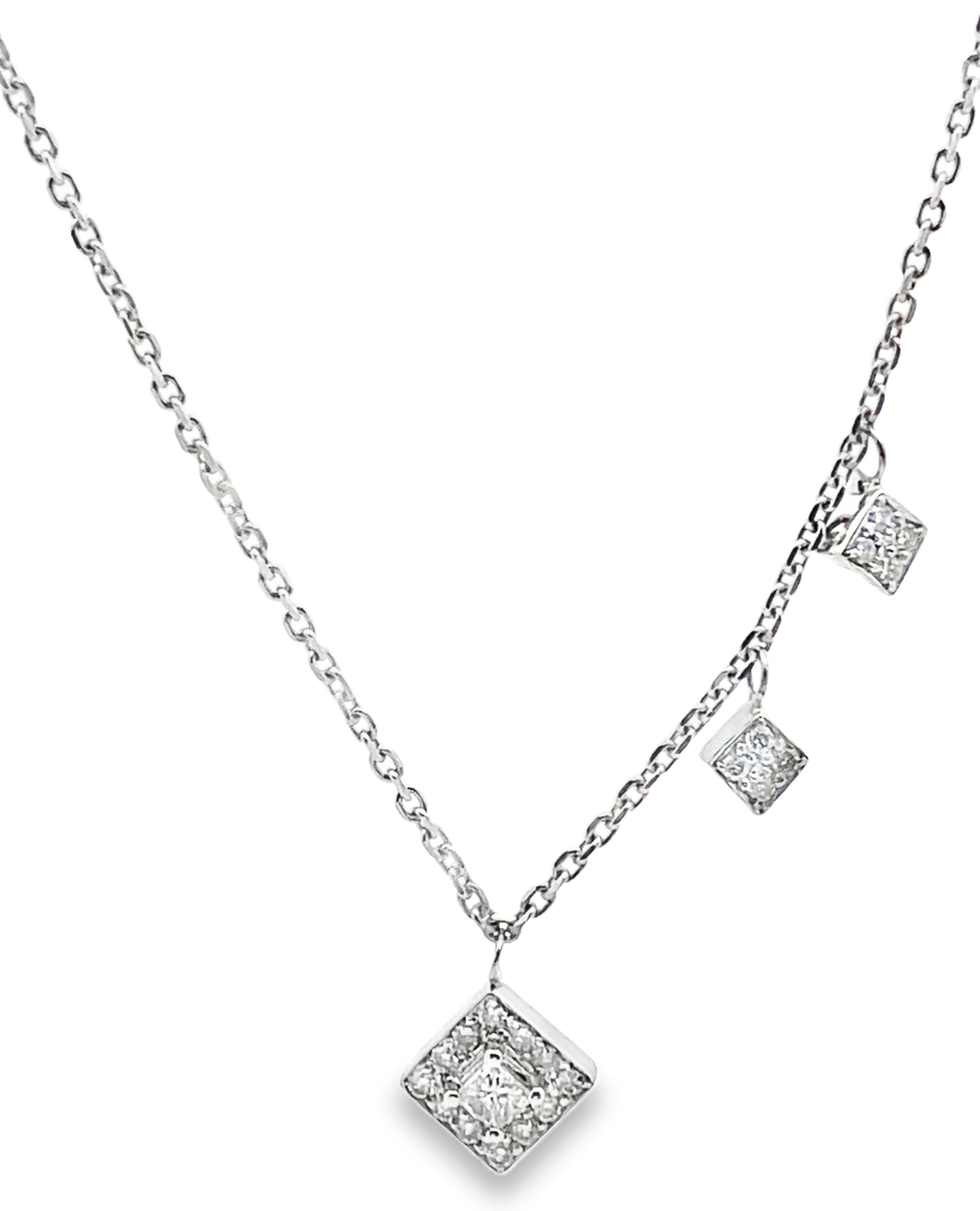 14K White Gold 0.15 Carat Diamond Necklace with 3 Affixed Diamond Shaped Pendants