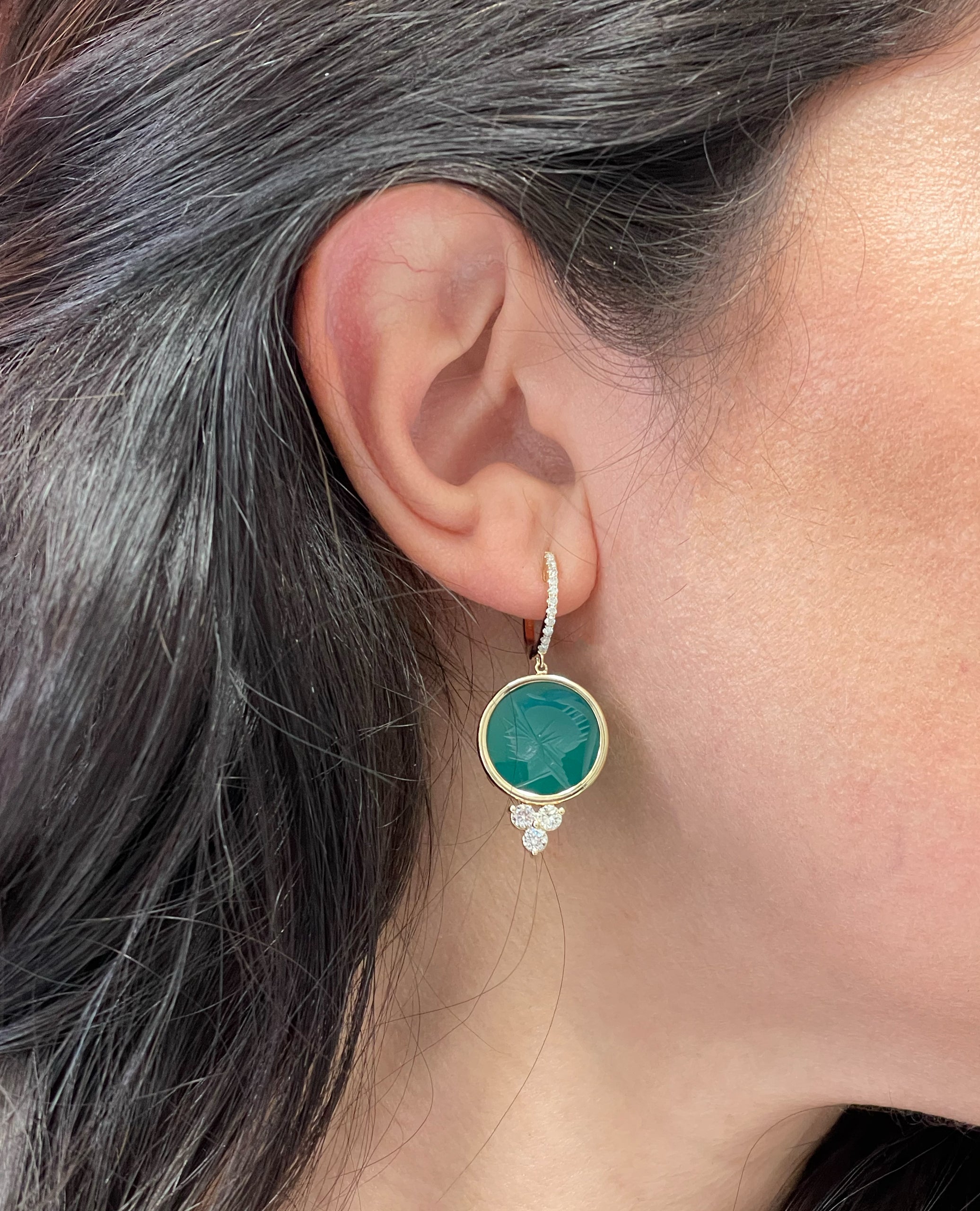 Bezel Set Green Intaglio Drop Earrings with Diamonds in 14K Yellow Gold