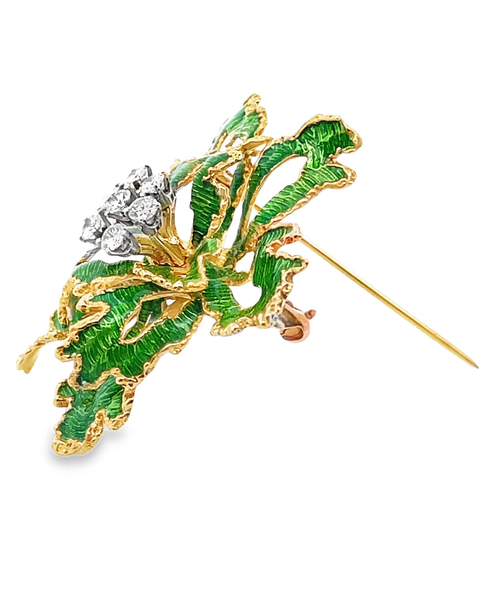 18K Yellow Gold Floral Pin with Green Enamel and Round Diamonds 0.85 Carats
