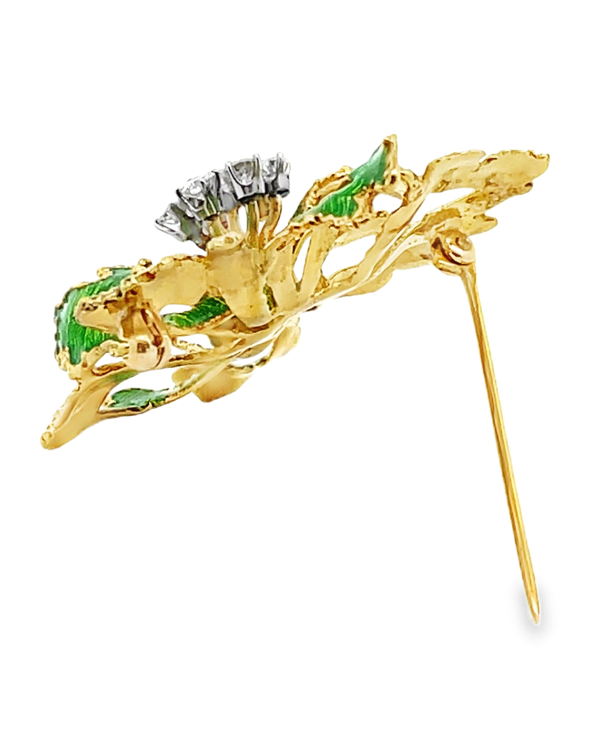 18K Yellow Gold Floral Pin with Green Enamel and Round Diamonds 0.85 Carats