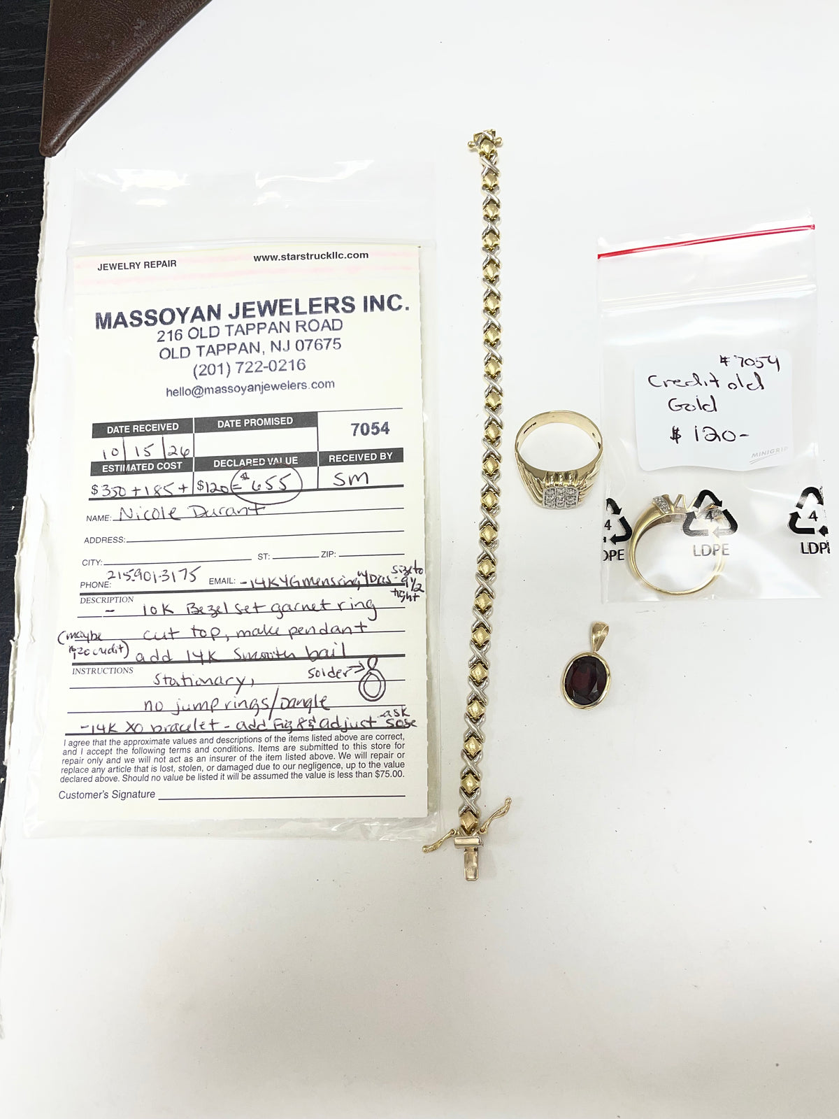 Repair: 1) 14K yellow gold ring, size to 9.5 (tight) ($120), 2) 10k bezel set garnet ring, cut top and make into pendant, add 14K smooth bail ($350), 3) 14K XO bracelet, add figure 8 lock and adjust clasp ($185), 4) Return old setting