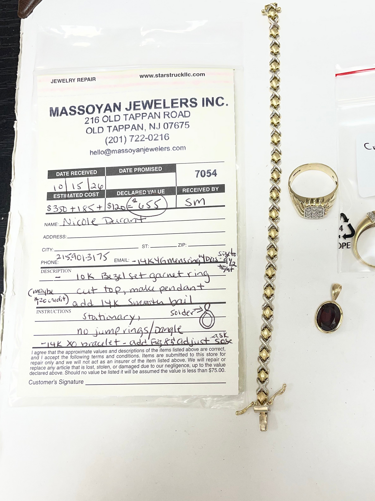 Repair: 1) 14K yellow gold ring, size to 9.5 (tight) ($120), 2) 10k bezel set garnet ring, cut top and make into pendant, add 14K smooth bail ($350), 3) 14K XO bracelet, add figure 8 lock and adjust clasp ($185), 4) Return old setting