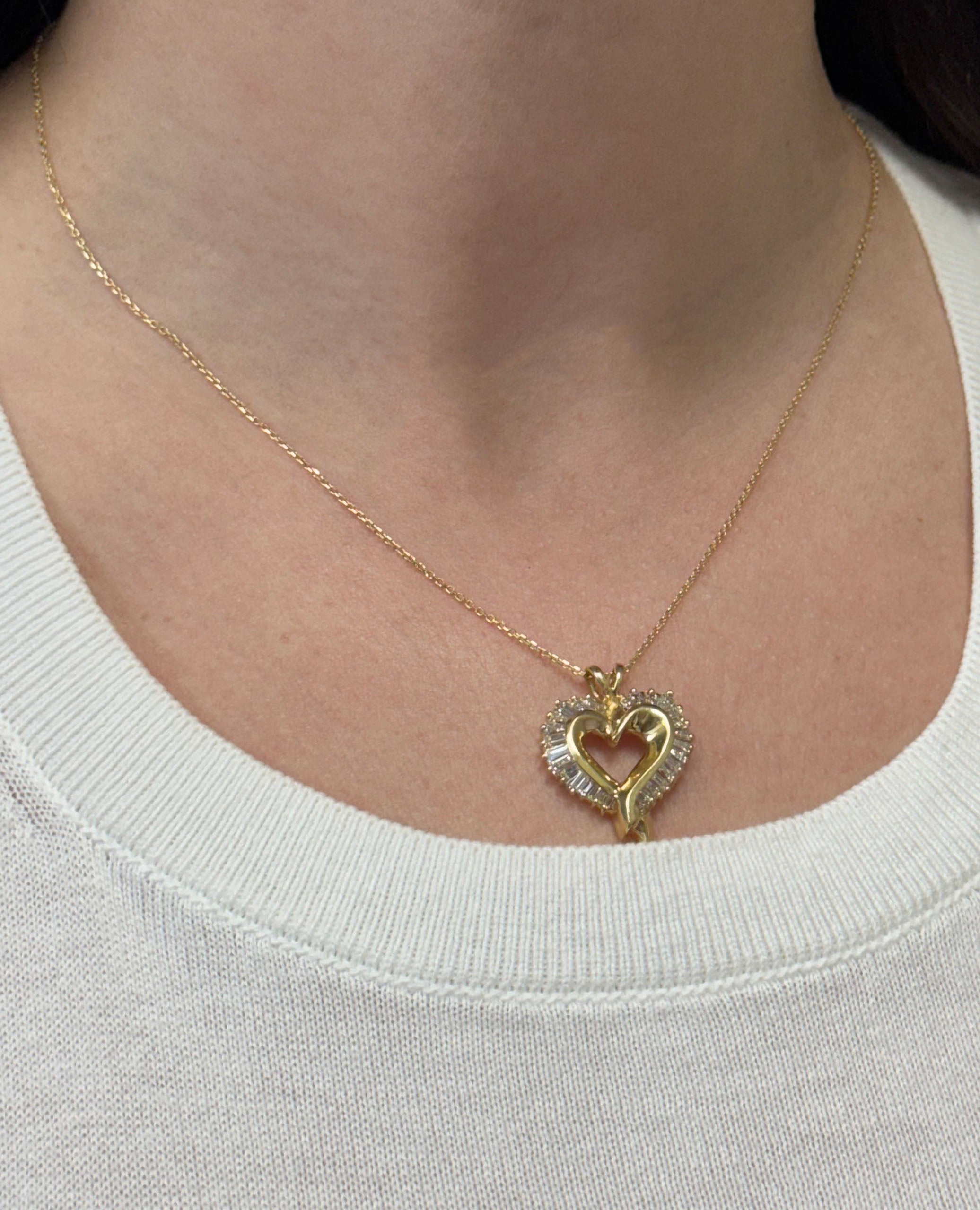 14K Yellow Gold 1.5 Carat Baguette Diamond Heart Pendant Necklace
