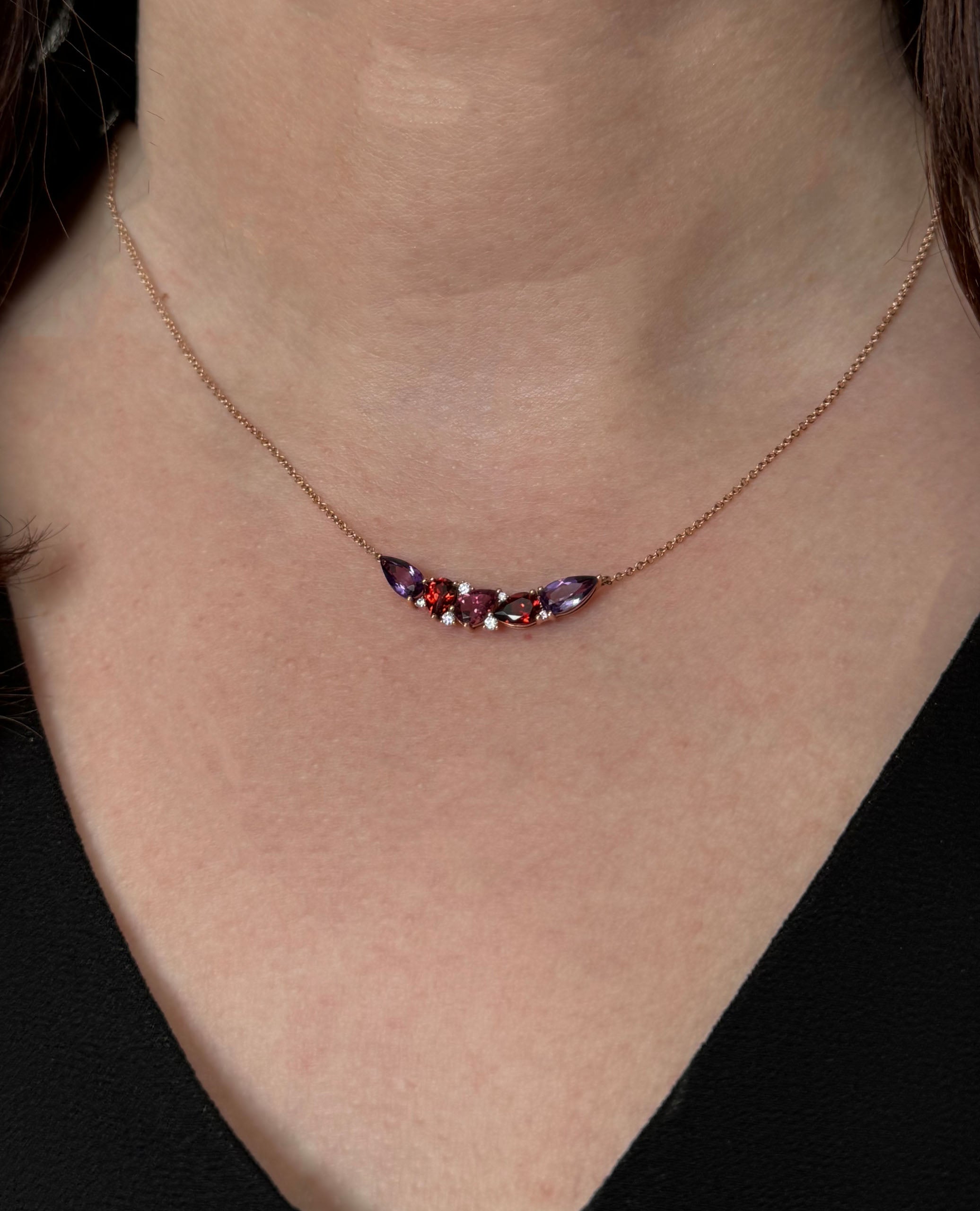 Allison Kaufman 14K Rose Gold Pendant Necklace Cascading Amethyst and Semi Precious Stones