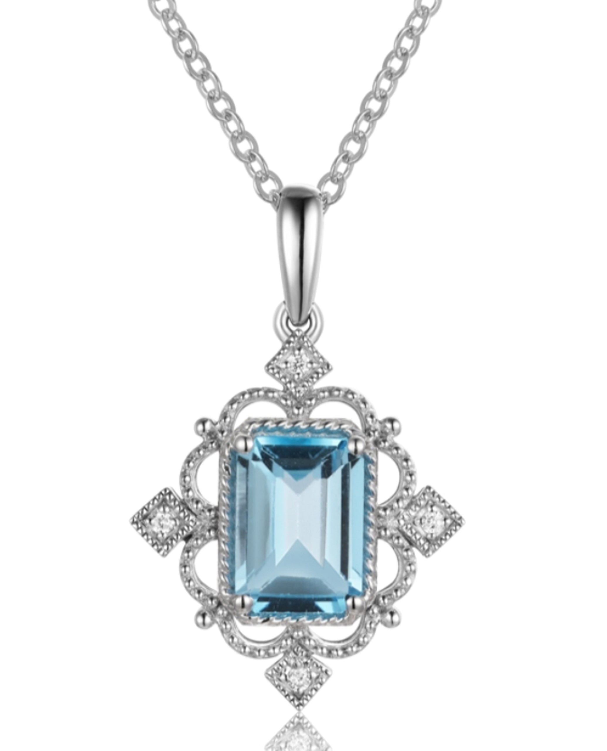 14K White Gold Vintage Inspired Necklace with Blue Topaz