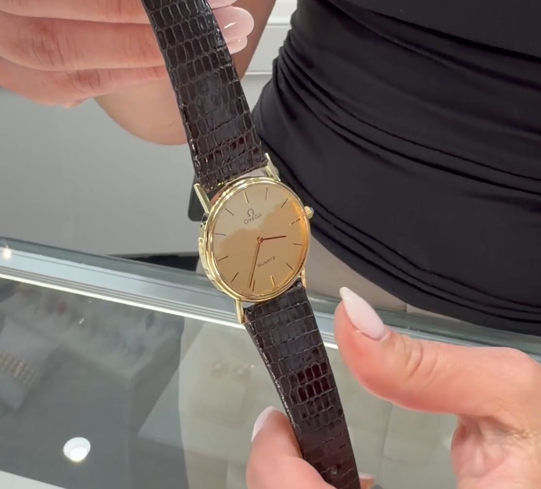 Pre-Owned Omega DeVille 14K Yellow Gold Watch, Round Dial with New Genuine Lizard Band