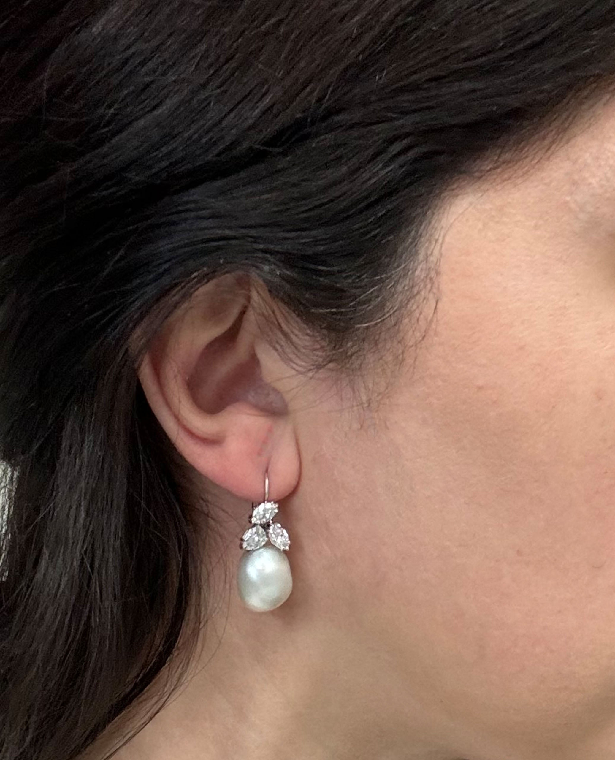 14K White Gold Pearl and Diamond Drop Earrings