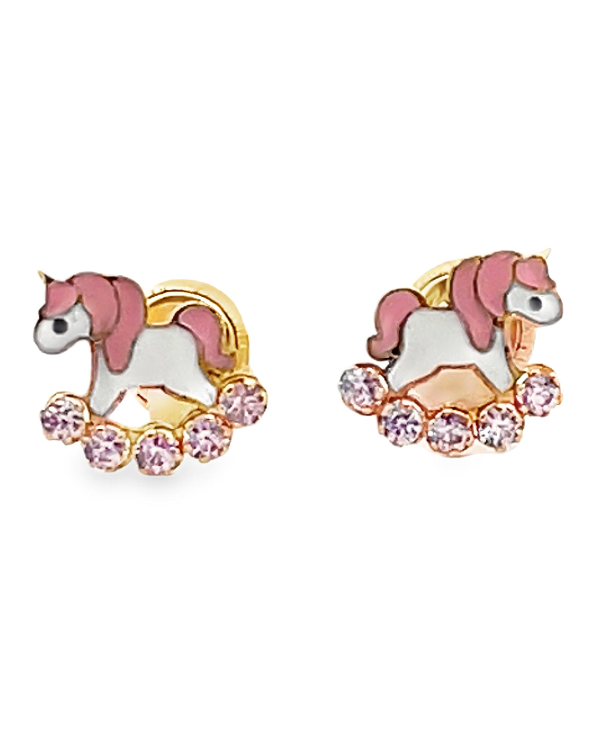 14K Yellow Gold Kid Unicorn Screwback Earrings - Pink