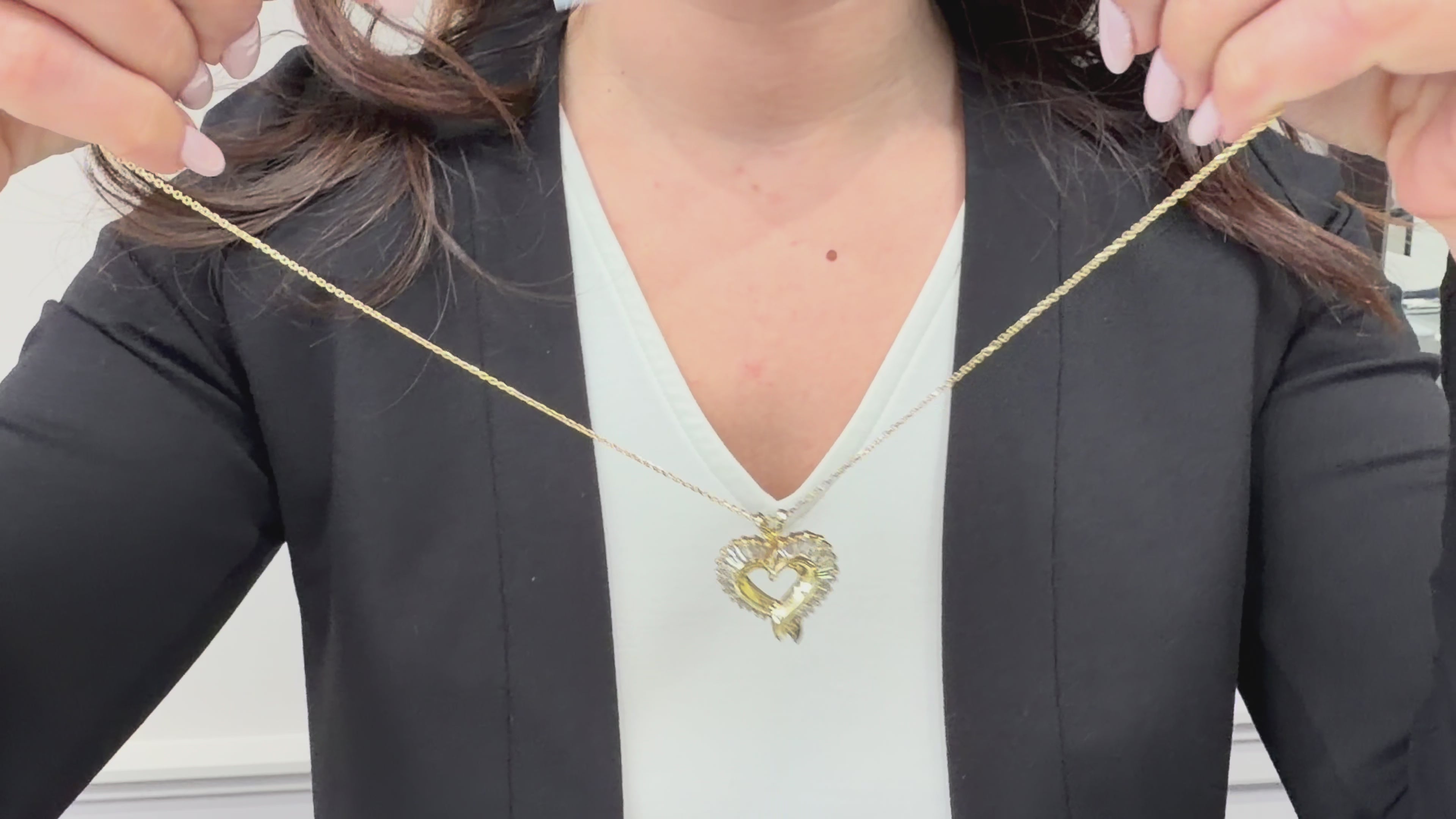 14K Yellow Gold 1.5 Carat Baguette Diamond Heart Pendant Necklace