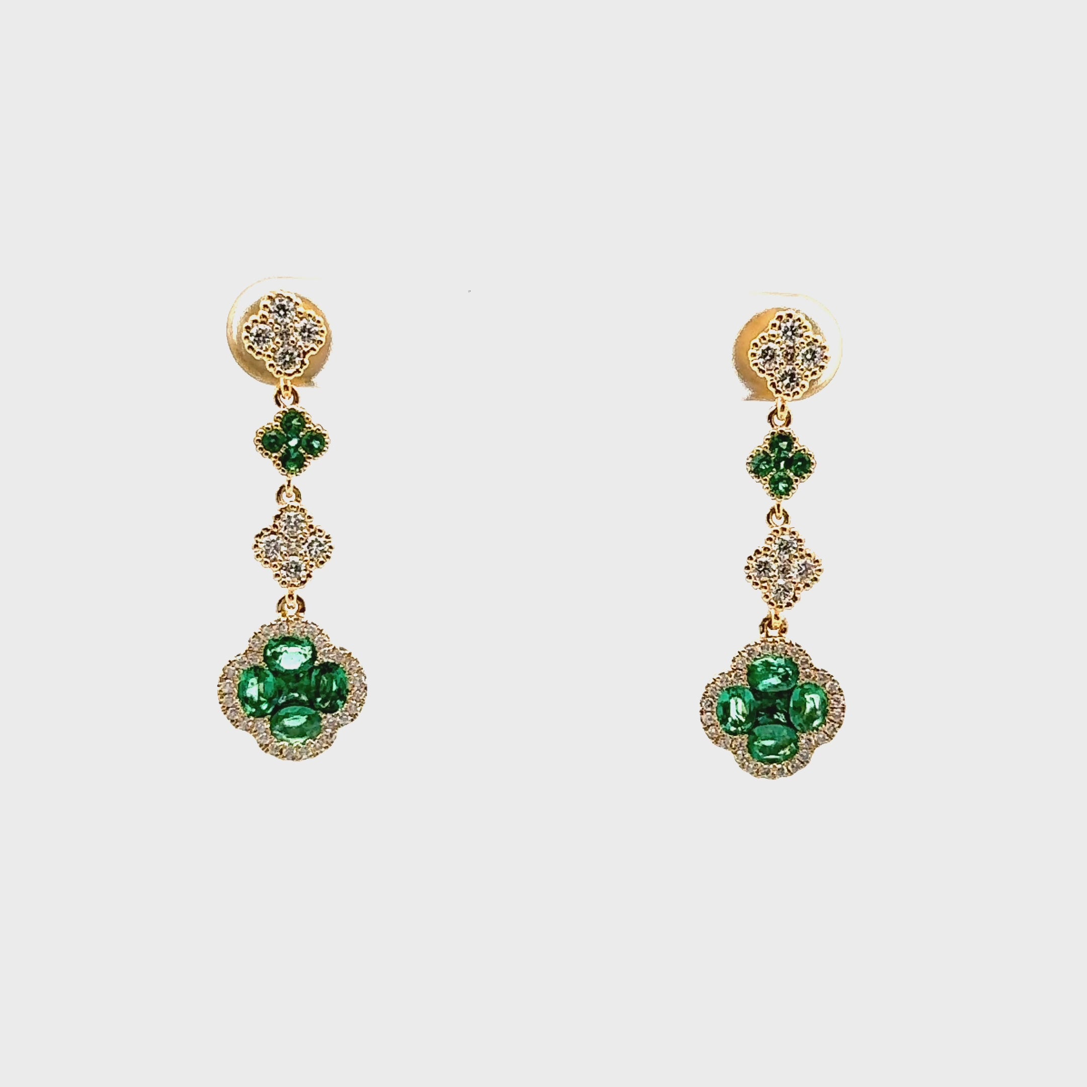 18K Yellow Gold Dangling Quatrefoil Earrings with Diamonds & Emeralds