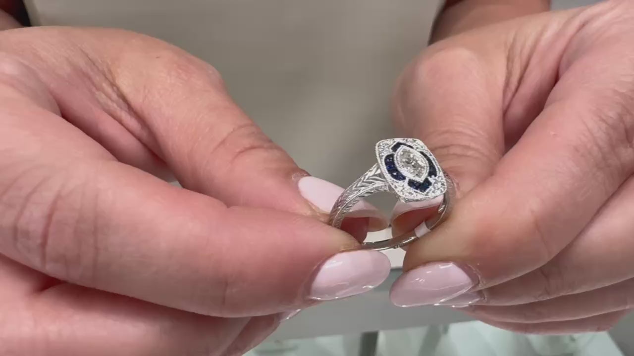 14K White Gold Antique Inspired Ring with Diamond and Sapphire