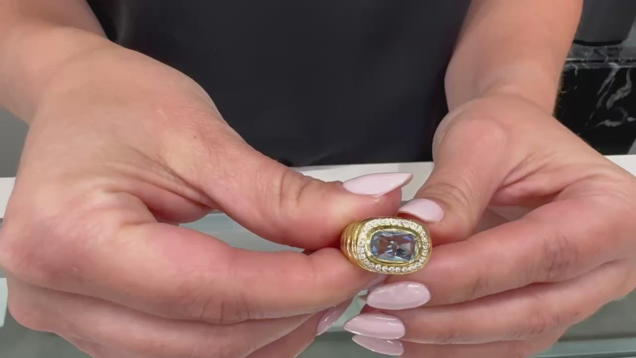 18K Yellow Gold Ring with Diamonds & Center Blue Topaz