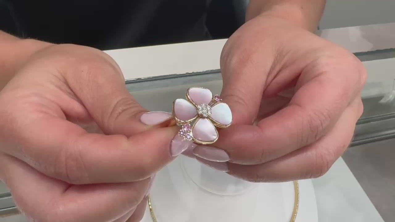 14K Yellow Gold Mother of Pearl, Pink Sapphire, & Diamond Flower Ring