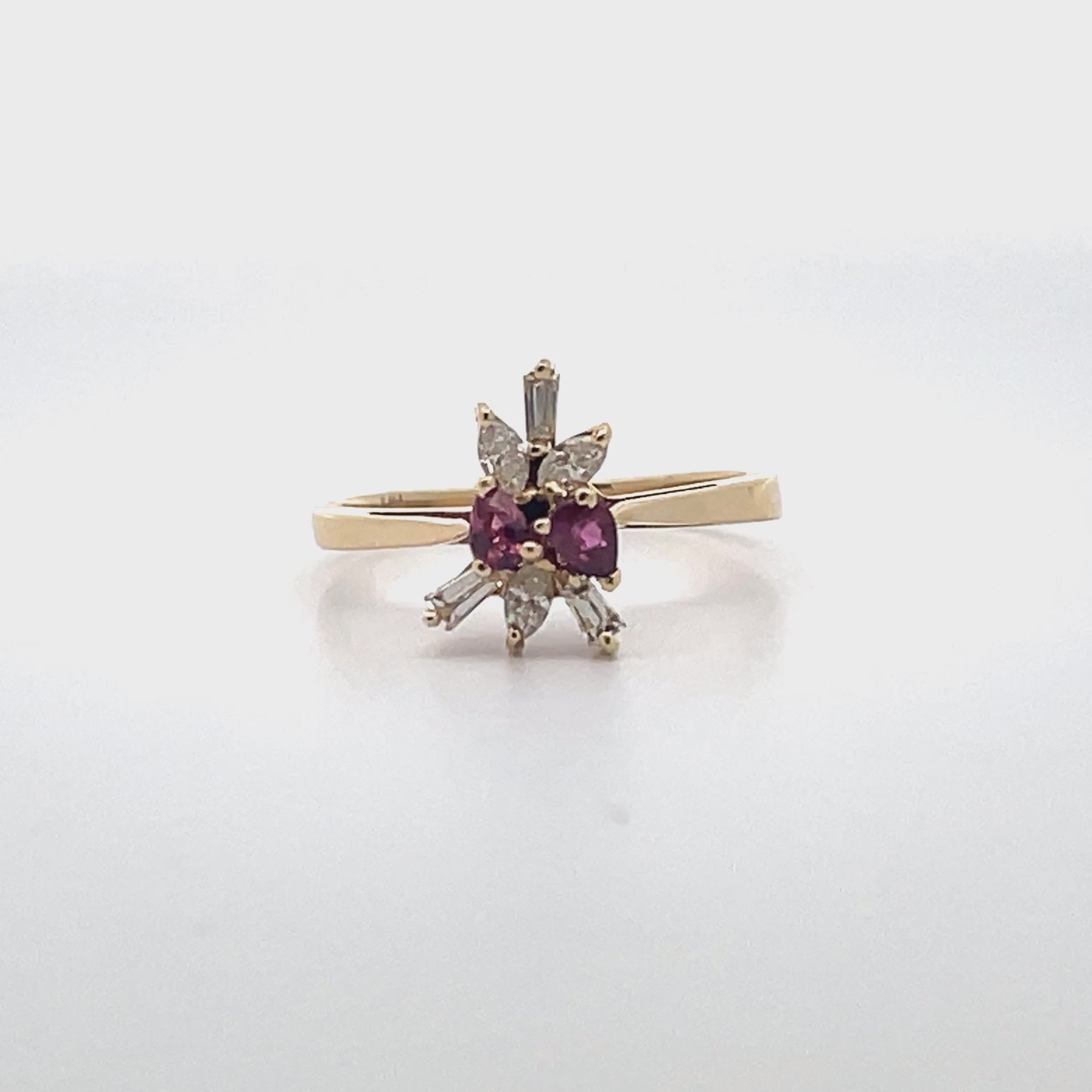 Starburst Pear Shape Ruby Ring in Tapering 14K Yellow Gold Setting with Diamonds
