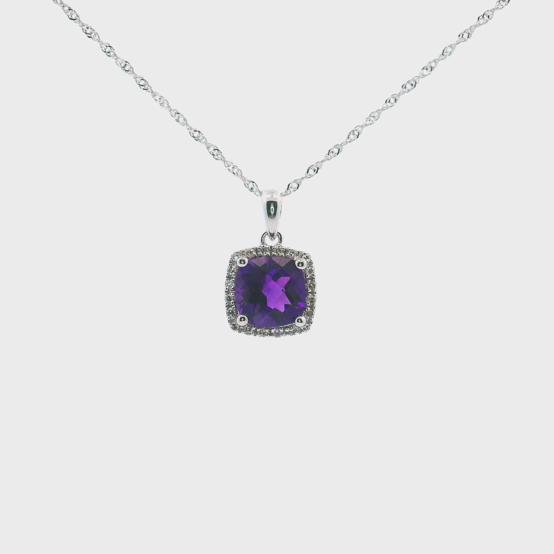 14K White Gold 1.44 Carat Amethyst and 0.08 Carat Diamond Pendant Necklace