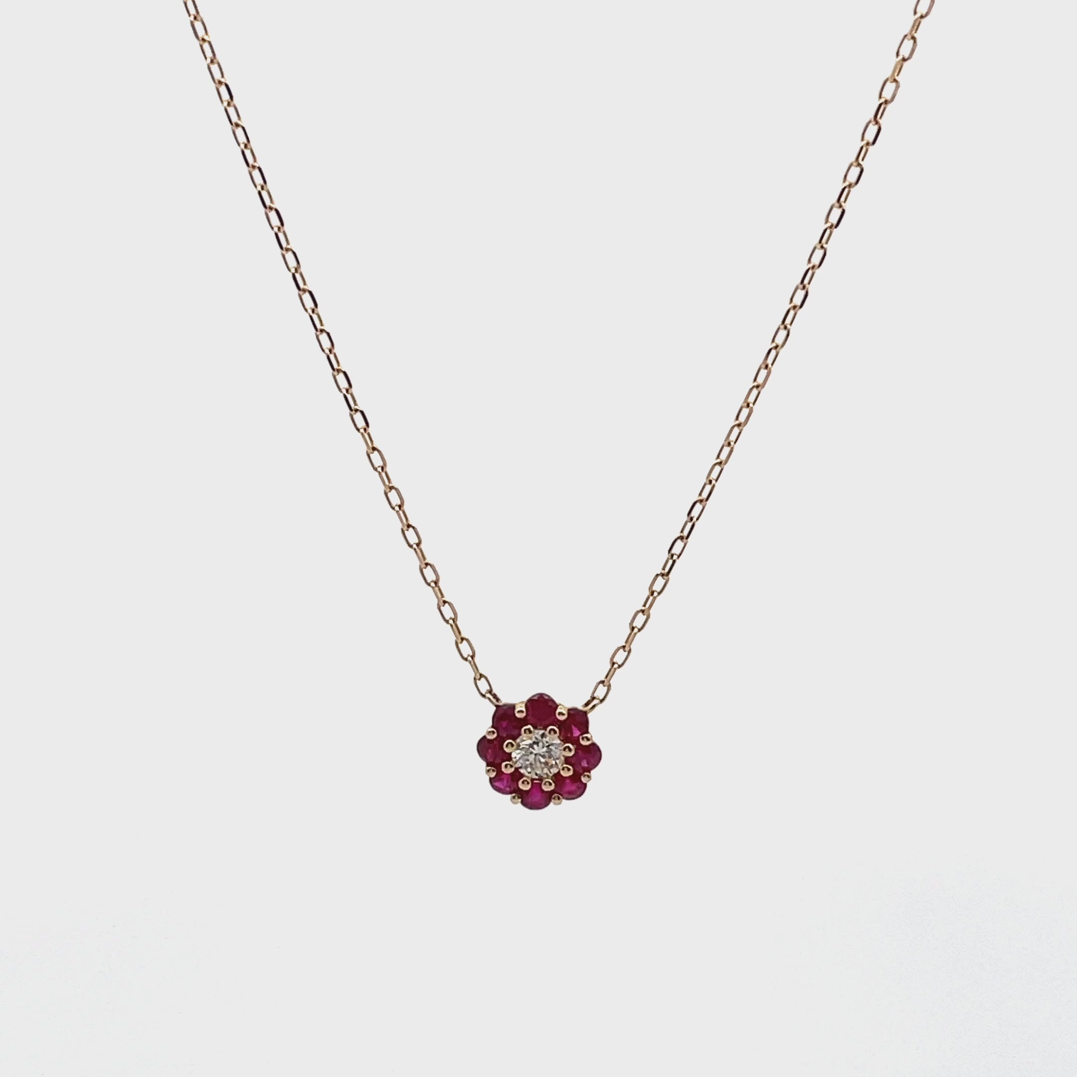 14K Yellow Gold Petite Flower Necklace with Rubies and Diamond