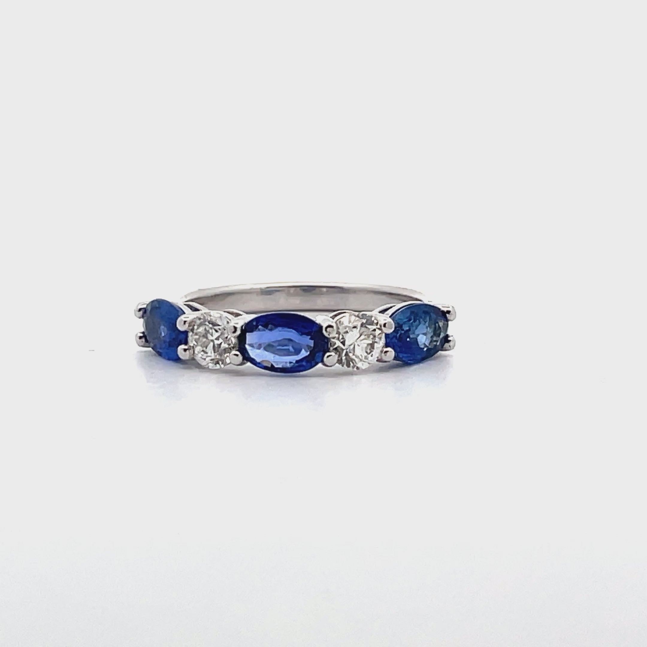 Three Oval Sapphire and Two Diamond Ring in 18K White Gold High Polish Ring