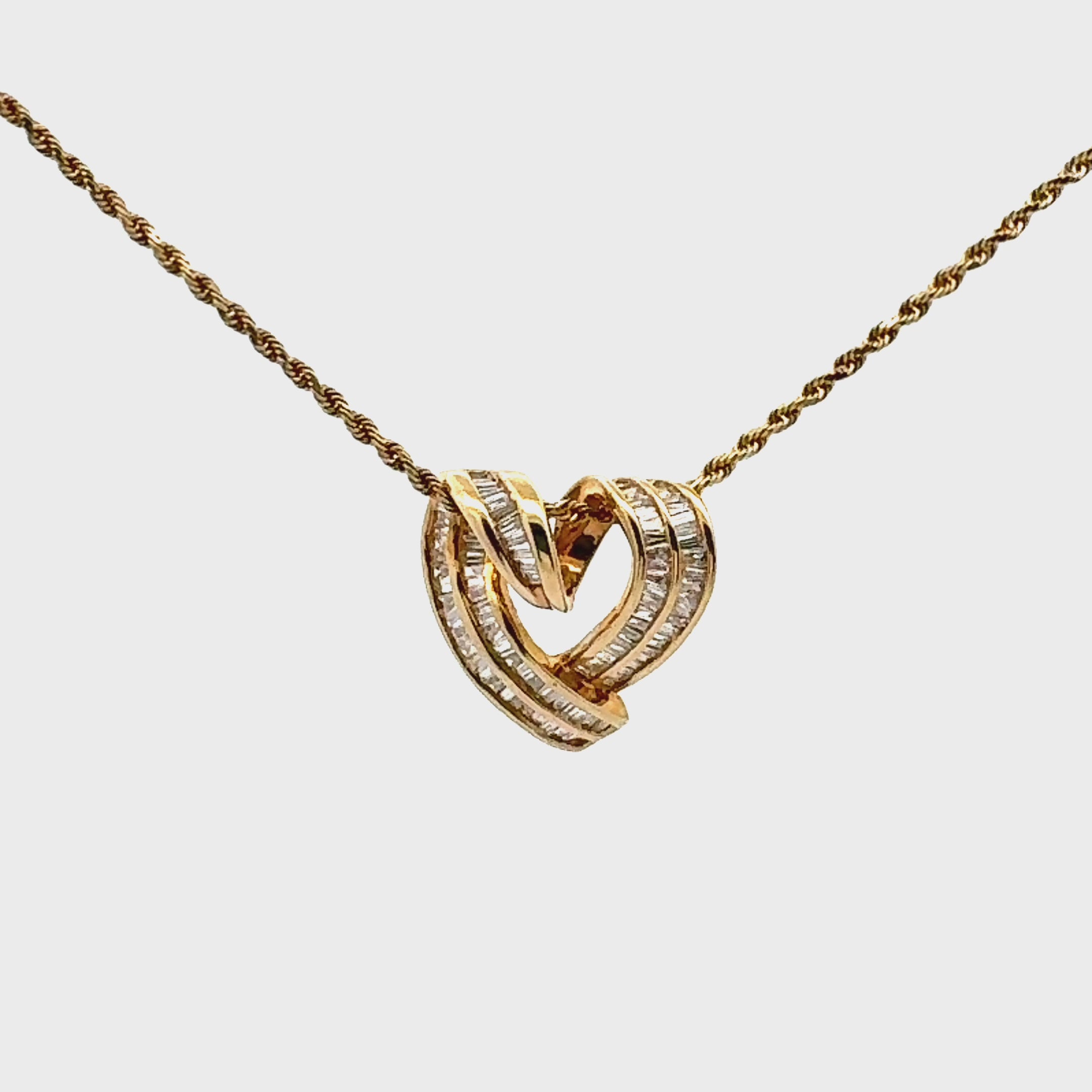 14K Yellow Gold Heart Pendant Necklace with Baguette Diamonds