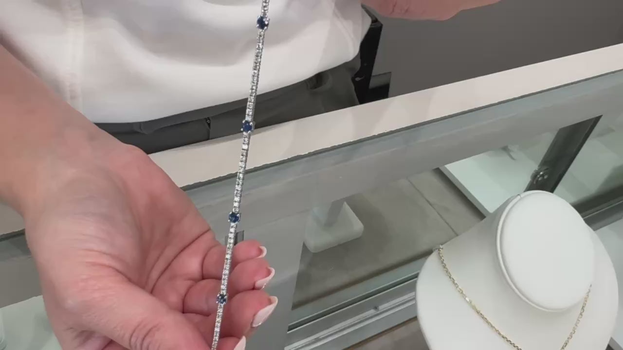 14K White Gold Tennis Bracelet with Round Diamonds and Sapphires