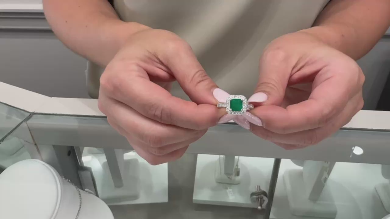 Halo Ring Set in 14K White Gold with 1.19 Carat Emerald and Round Diamonds