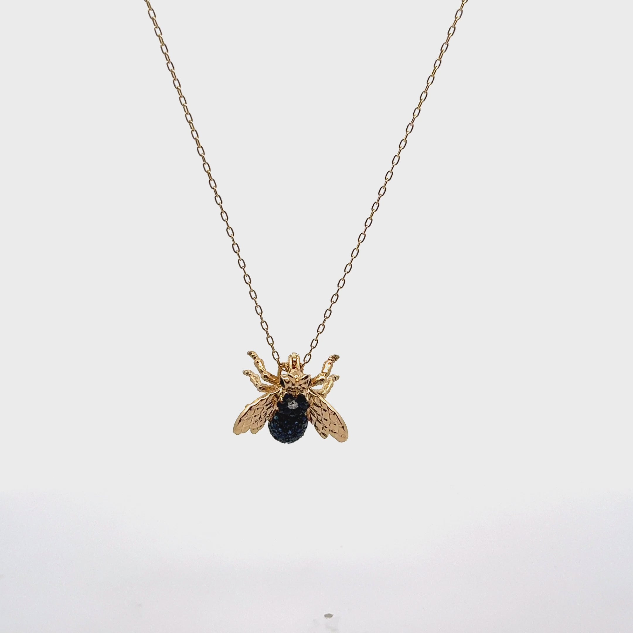 18K Yellow Gold Bee Pendant Necklace with Diamonds & Blue Sapphires