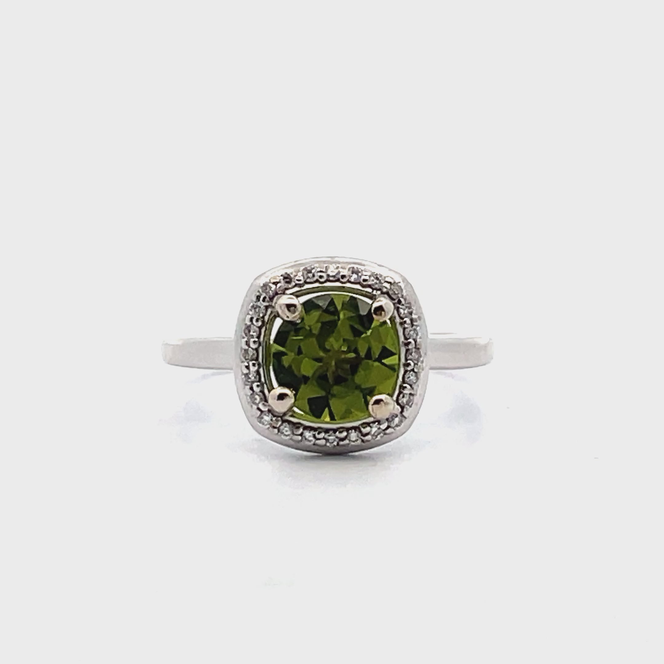 Round Peridot and Diamond Halo Ring in Minimalist 14K White Gold Setting